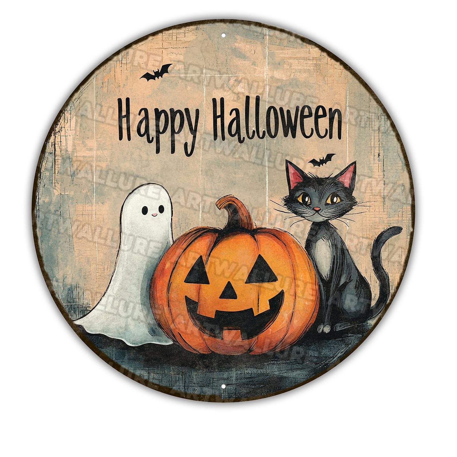 Round Halloween Black Cat Ghost Vintage Sign Happy Halloween Pumpkin Metal Tin Sign for Home Bar Kitchen Hotel Dining Room Coffee 12x12inch