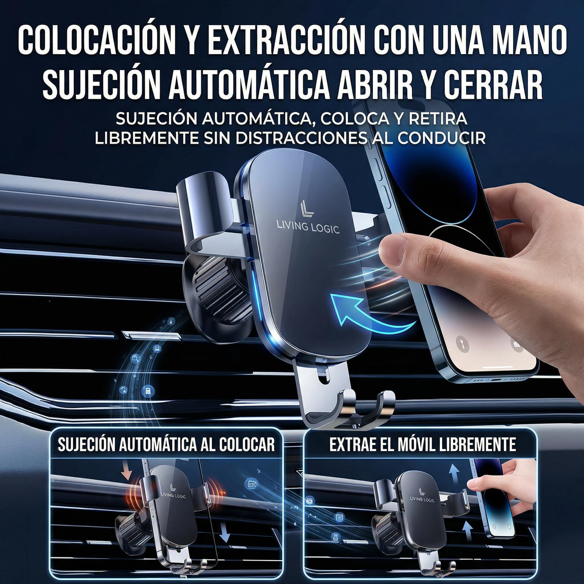 Soporte Móvil Coche Rejilla con Gancho Metálico, Soporte Teléfono Coche 360° con Una Mano, Porta Móvil Coche Universal Compatible iPhone y Android + Rompe Lunas y Corta Cinturón — view 2