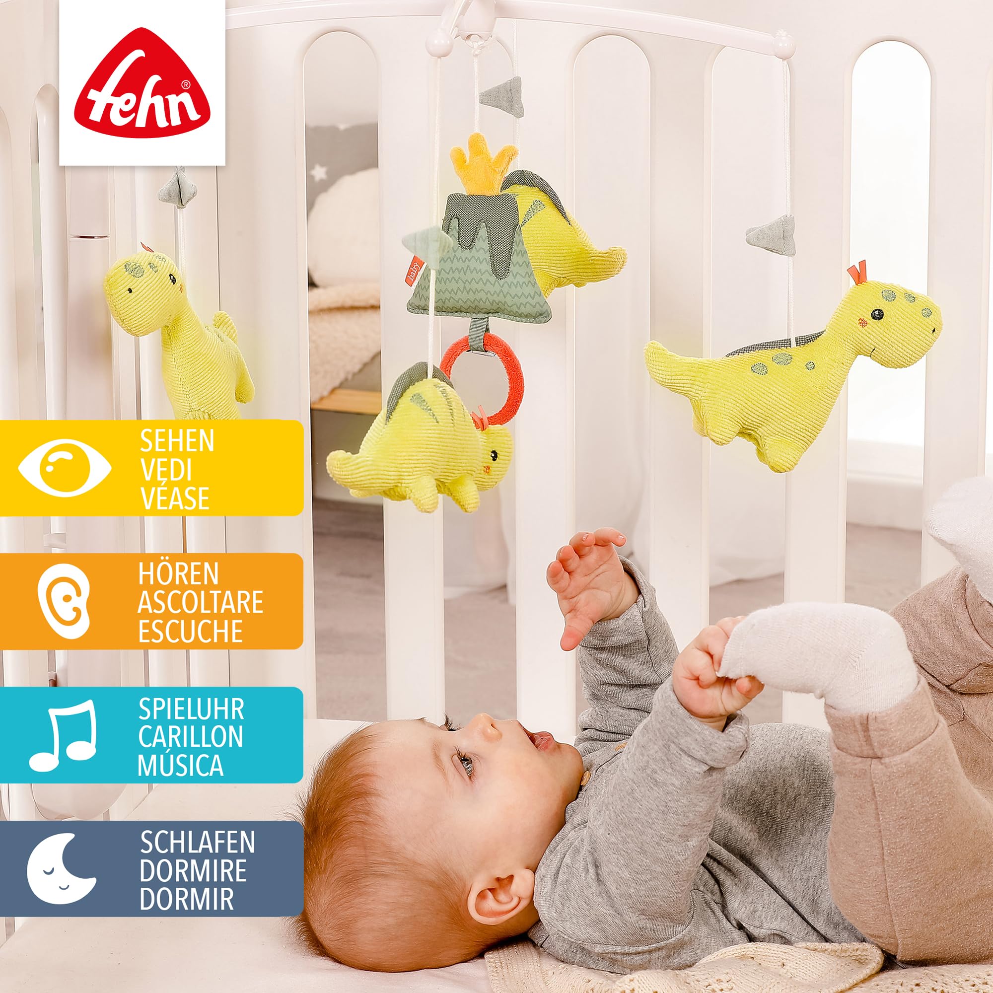Fehn Music Móvil Happy Dino, Juguete musical para ayudar a dormir con animales, Caja de música móvil melodía "Canción de cuna de Brahms", móvil musical para bebés de 0 a 5 meses