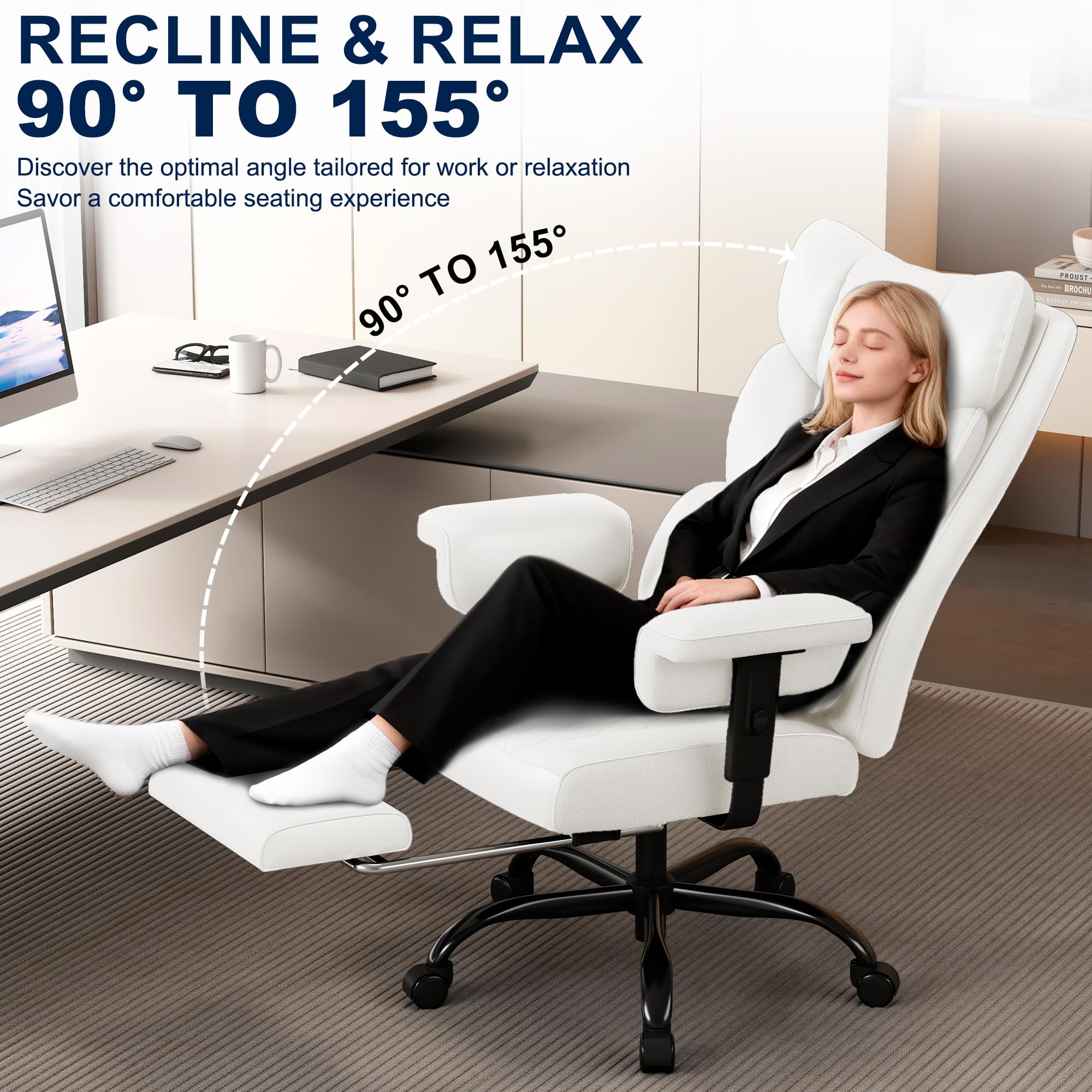 Misolant Big and Tall Office Chair with Footrest, High Back Executive Desk Chair with Adjustable Lift Armrest, 155°Recline，Lumbar Support Pillow, Faux Leather Gaming Chairs for Home or Office White