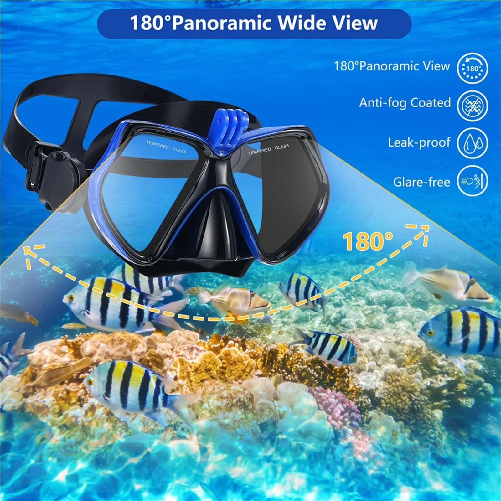 Buceo Máscara de Snorkel Máscara de Buceo con Kit de Snorkel para cámara Deportiva subacuática GoPro, Gafas de natación Profesionales antivaho y secas