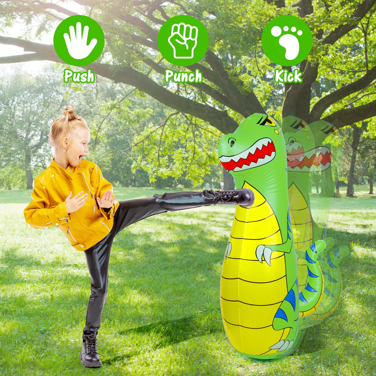 EQARD Bokszak voor kinderen 120 cm opblaasbare dinosaurus bokszak met dikker, veilig materiaal direct terugstuiteren met bokshandschoenen karate kickboksen taekwondo kinderen cadeau voor leeftijd 3-9