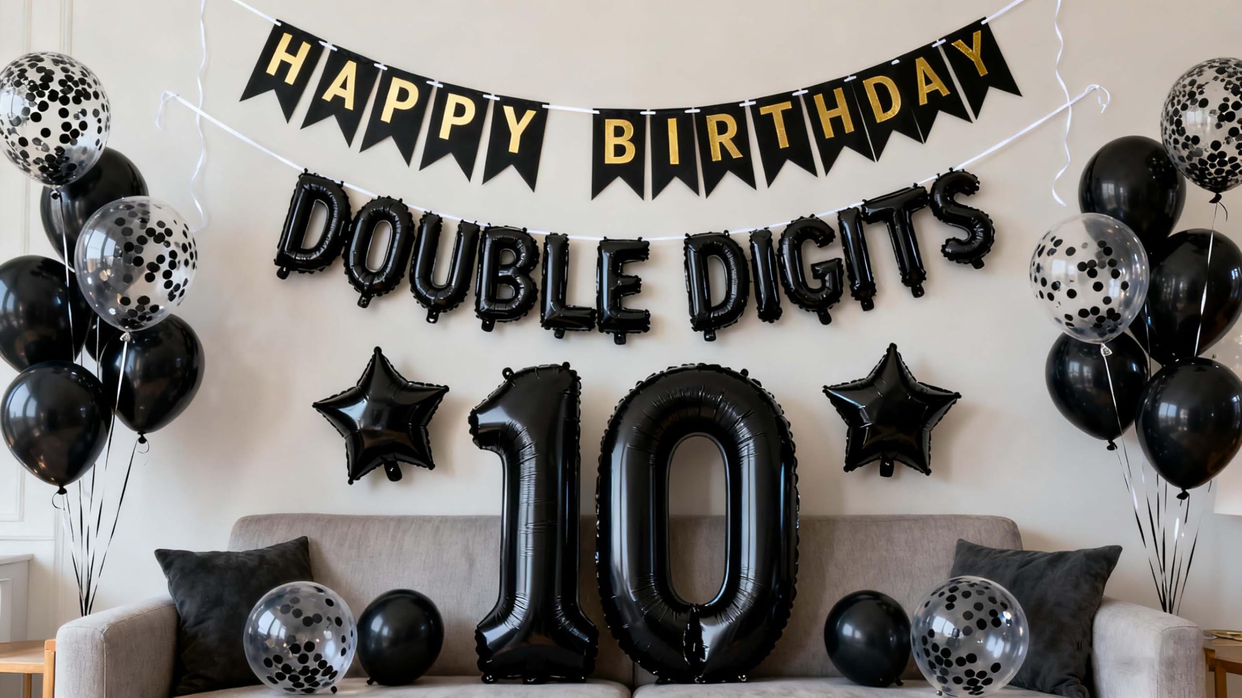 Photo 1 of 10th Birthday Decorations for Boys, Black Double Digits Foil Decoration, Black Banner Number 10 Foil Balloons with Confetti Balloons for 10 Years Old Birthday Boys(10th)