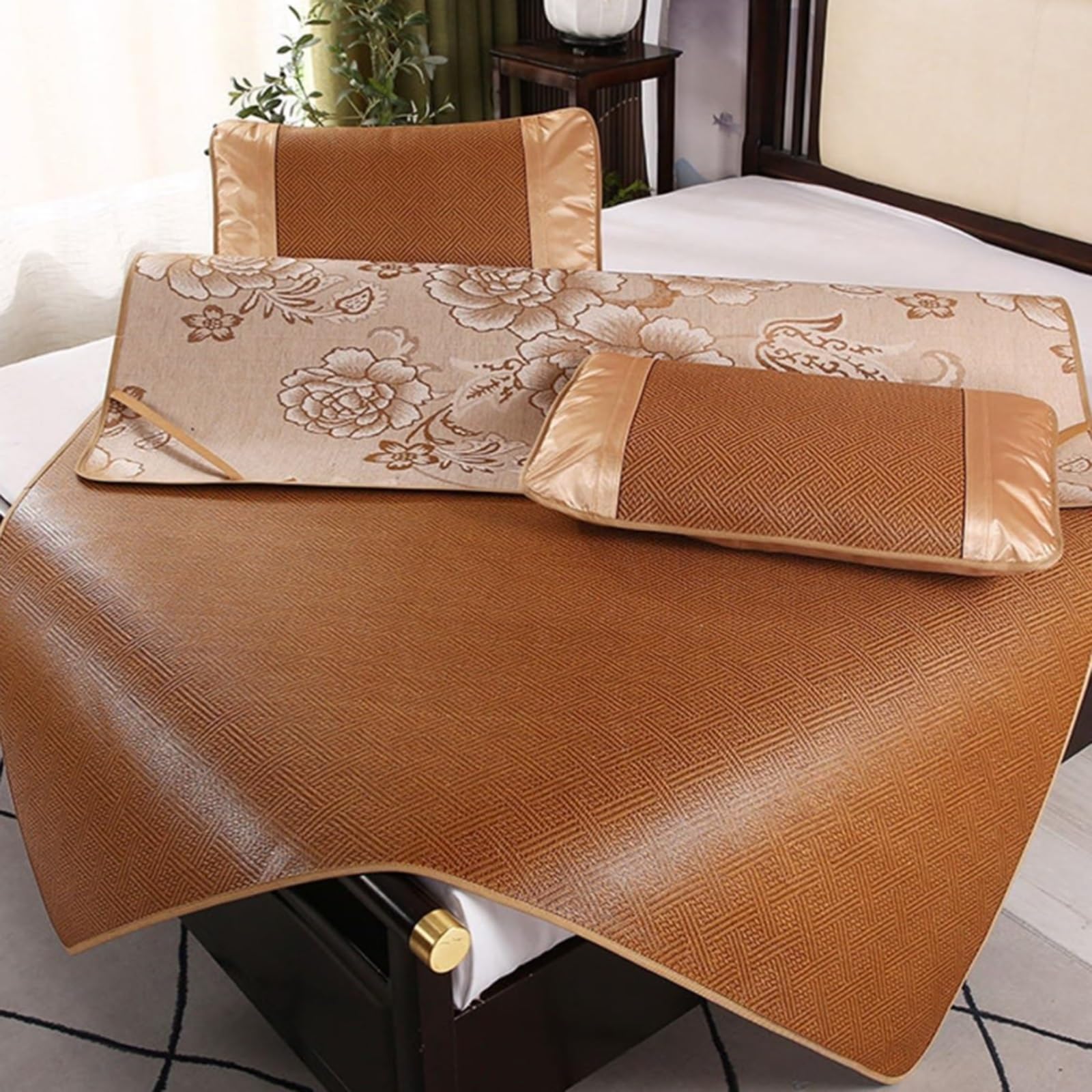 Summer Sleeping mat Double Sided, with Corner Ties and Pillowcase, Foldable Cooling Mat for Bed, Rattan Cooling Mat, for Home School(Shallow,80 * 190cm/31.4 * 74.8in)