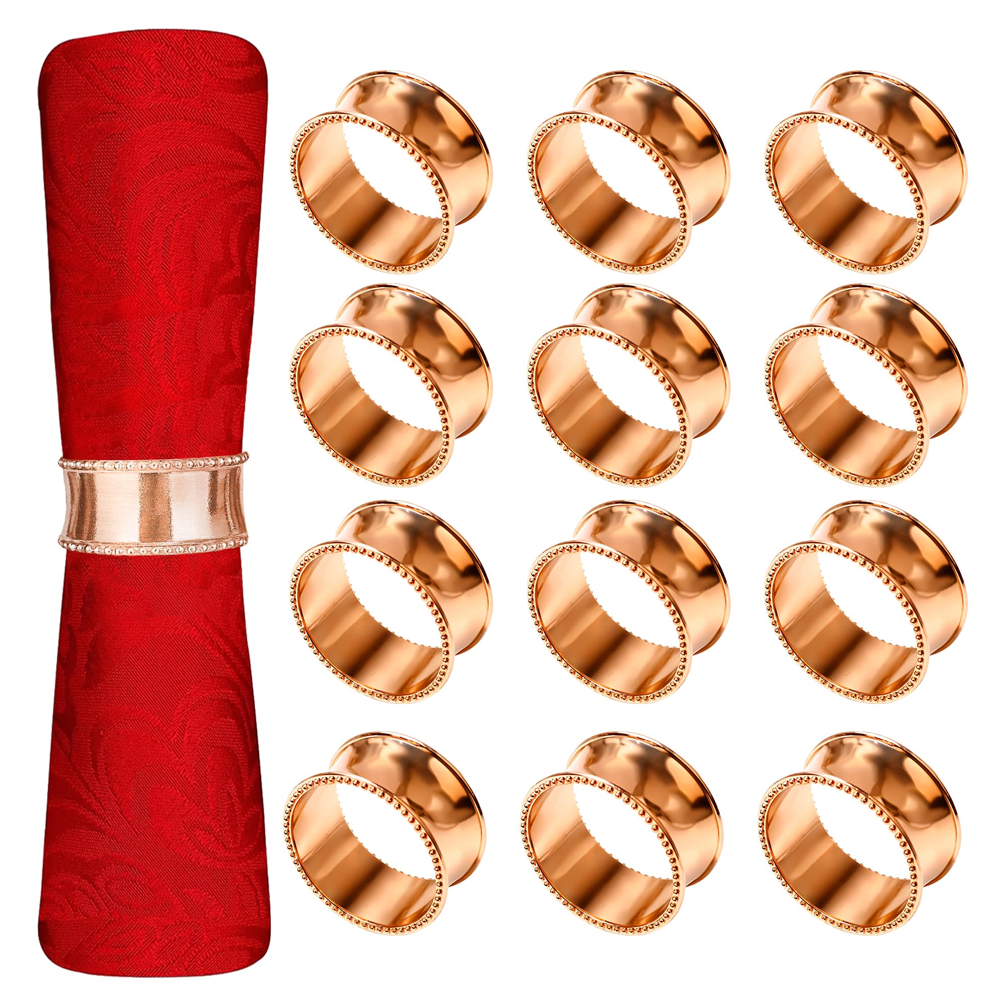 Trimming Shop Beaded Rim Napkin Rings, Serviette Holders, Hammered Design Metal Napkin Buckles for Wedding, Christmas Dinners, Table Décor, Reusable Accessories, Rose Gold - Pack of 18