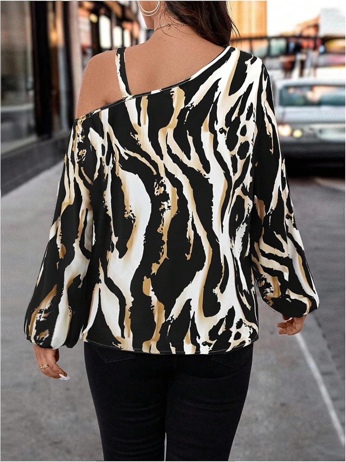 SweatyRocks Women's Asymmetrical Neck Cold Shoulder Long Sleeve Graphic Blouse Shirt - Image 2