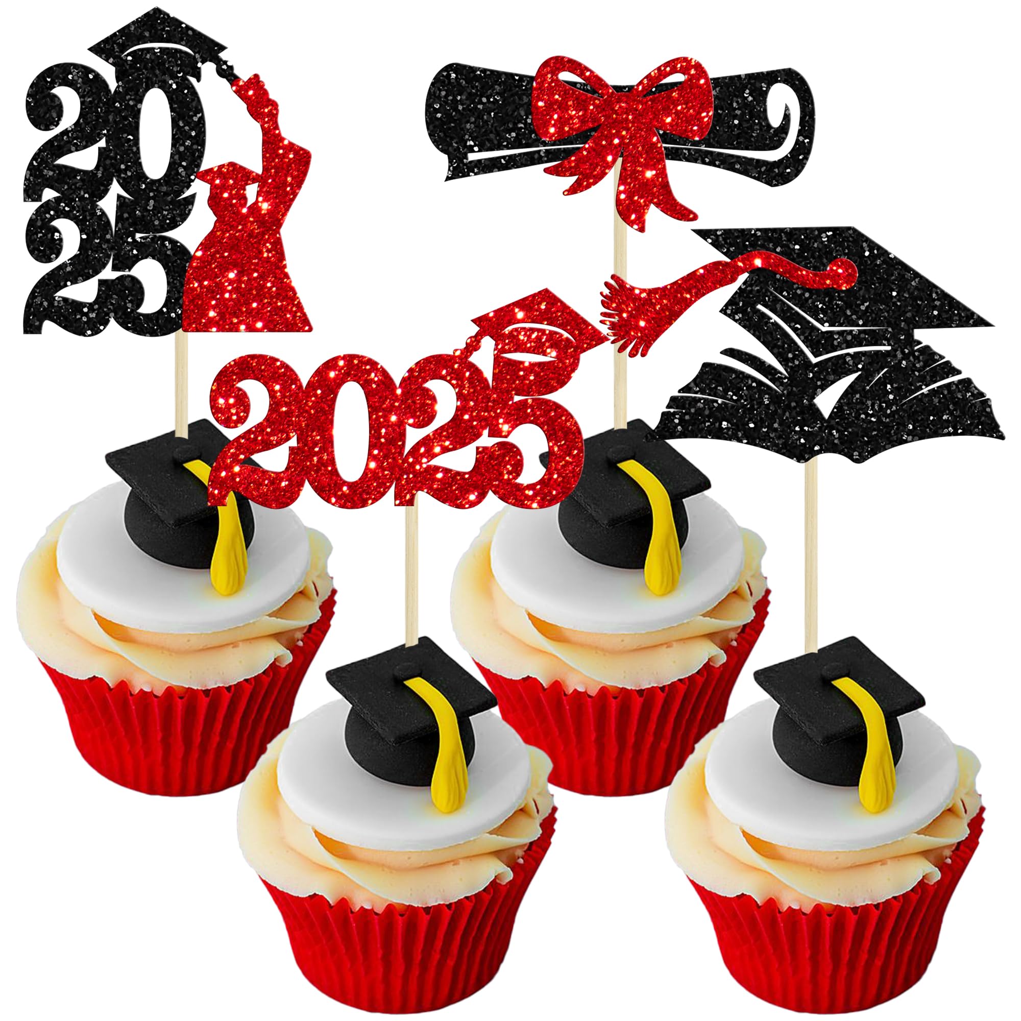 Gyufise 36Pcs 2026 Graduation Theme Cupcake Toppers Glitter Class of 2026 Cupcake Picks Diploma Graduation Cap Cake Decorations for 2026 Graduation Theme Party Decorations Supplies Red