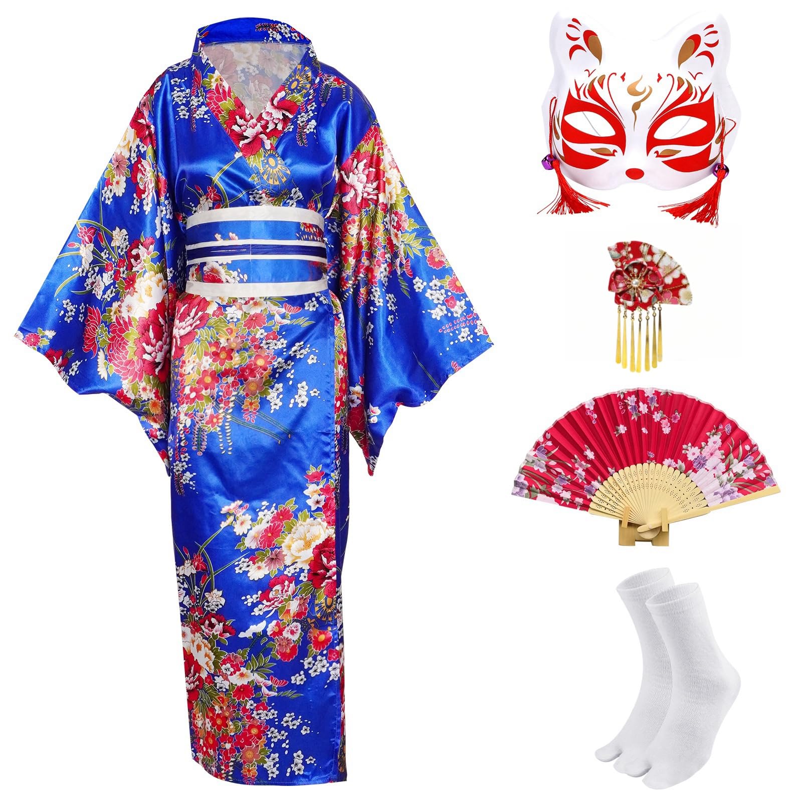 5 Pezzi Kimono Donna Giapponese, Tradizionale Vestito Geisha Yukata Abito, Set di Costumi Cosplay con Accessori Ventaglio Pieghevole, Maschera, Calze e Spilla per Capelli