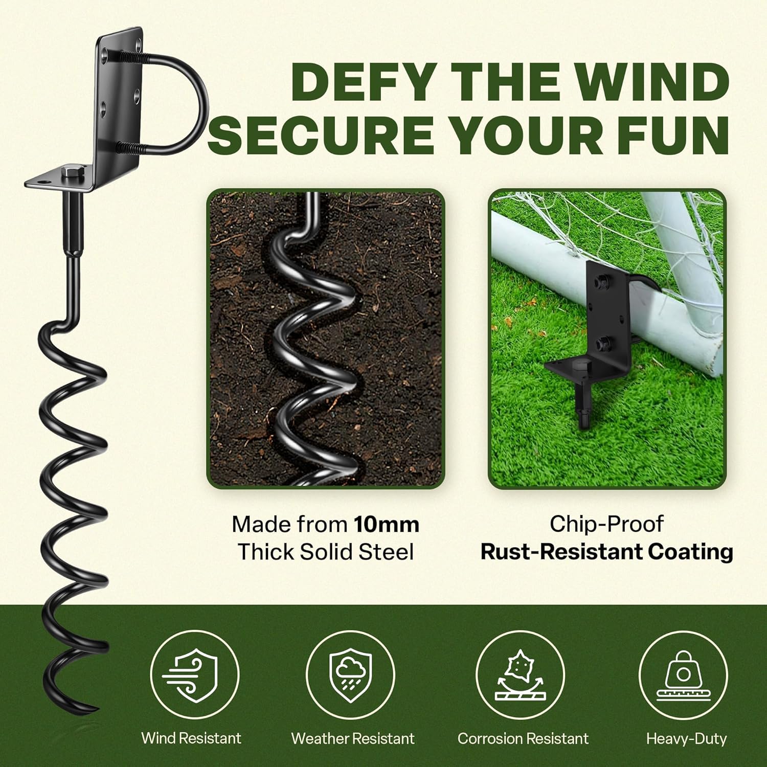 20" Heavy-Duty Trampoline Anchors (4-Pack),10mm Diameter Black Spiral Screw-In Ground Stakes, Built for High Wind Resistance(Black, 4 Pack-20'')