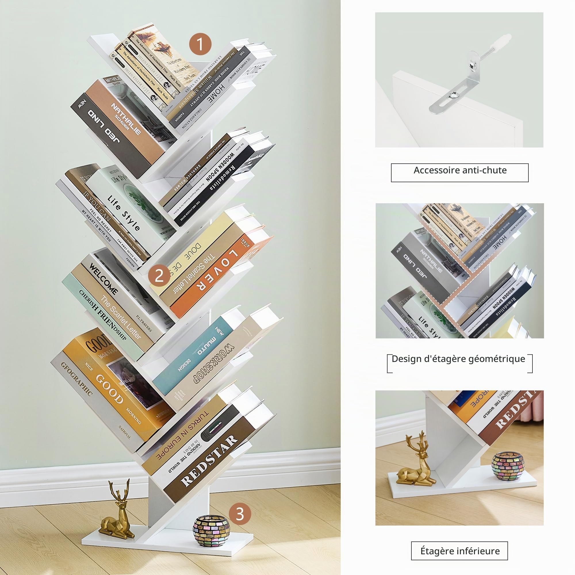 Hoctieon Bibliothèque Arbre à 10 étages, 10 étagères, bibliothèque Arbre indépendante, étagère d'exposition pour Livres, étagères de Rangement pour Livres pour Bureau à Domicile, Salon, Blanche