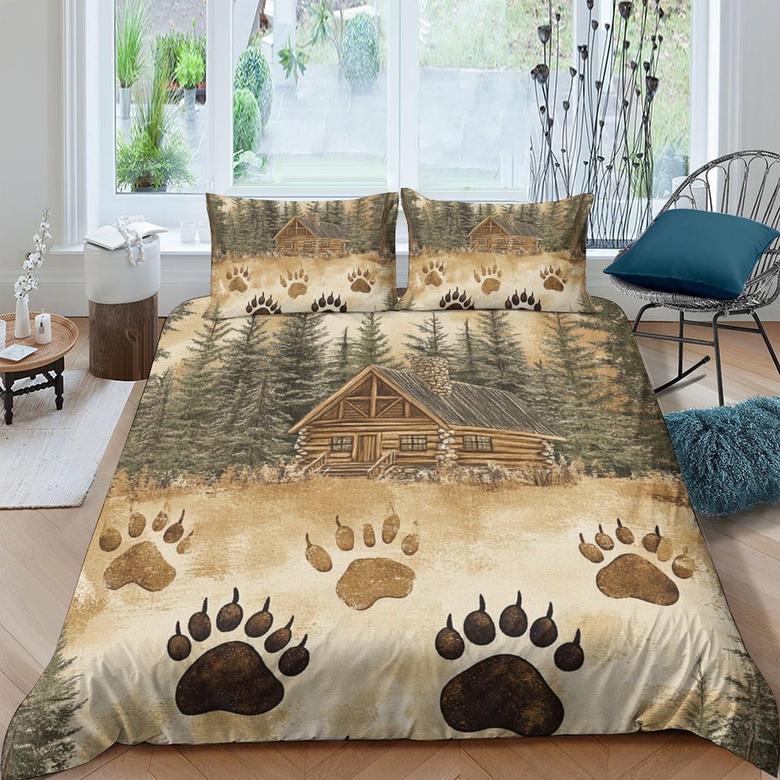 GPLZQXKJNH 3D Printed Cabin Forest Duvet Cover Set Microfiber Soft Breathable Bear Paw Quilt Cover with 2 Pillowcases for Bedroom Decor Single（135x200cm）
