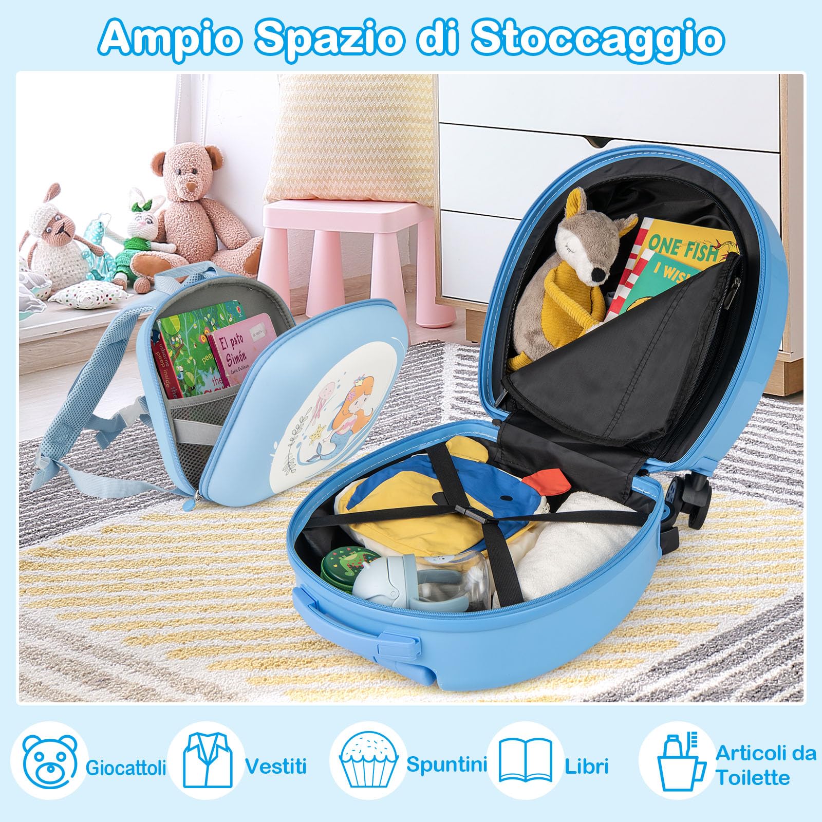 RELAX4LIFE Juego de Maleta Infantil para Niños de 4 Piezas, Maleta de 35,5 cm y Mochila de 25 cm con Cojín para El Cuello y Etiqueta de Nombre, Maleta Niños con Ruedas (Azul)
