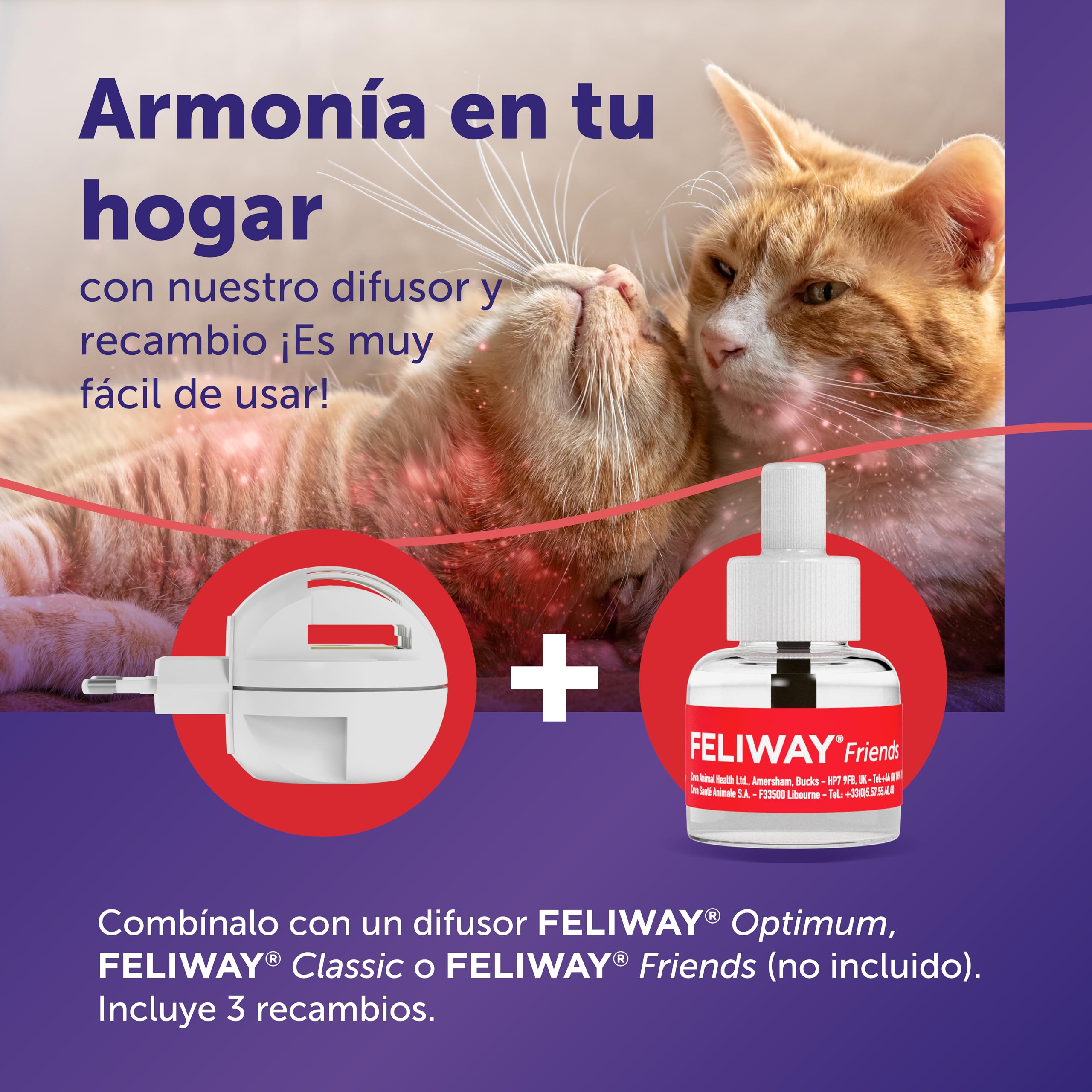 FELIWAY Friends - Pack Ahorro 3 recambios para 90 días (3x48ml) - Ayuda a crear armonía y a reducir conflictos entre gatos que viven juntos. Recomendado por veterinarios. Mejora la convivencia.
