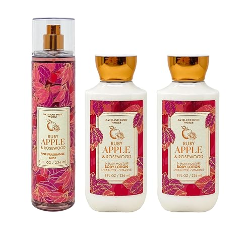 Bath & Body Works Ruby Apple & Rosewood - Paquete de 3 piezas - Fragancia en espray y 2 lociones corporales