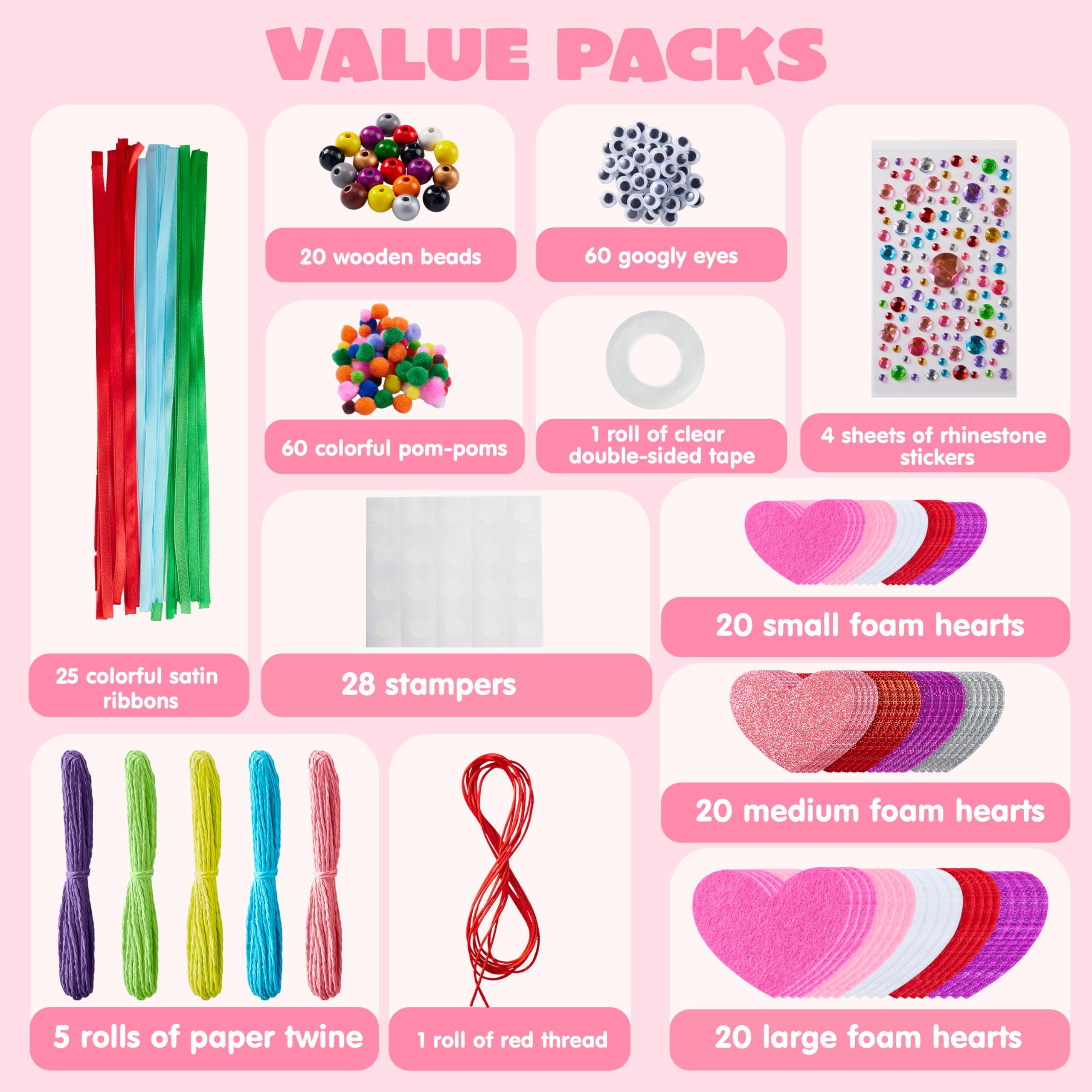 JOYIN Filz-Bastelset zum Selbermachen, Filz- und Glitzer-Herzen und Holzperlen, Kunststoffaugen und bunte Papierseile für Valentinstag, Kinder, Bastelaktivitäten, Partys, Klassenzimmer, Ornamente