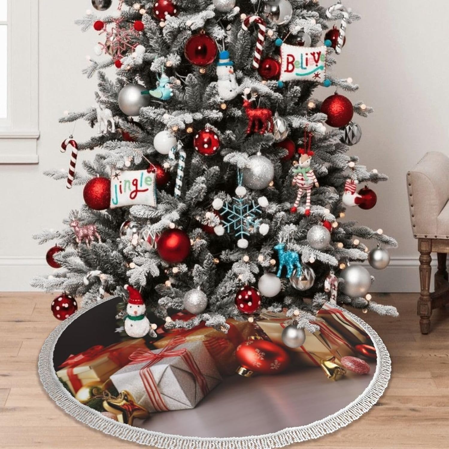 クリスマスデコレーション クリスマスツリースカート 48インチ タッセル付きツリースカート ファームハウス クリスマスツリーマットカ