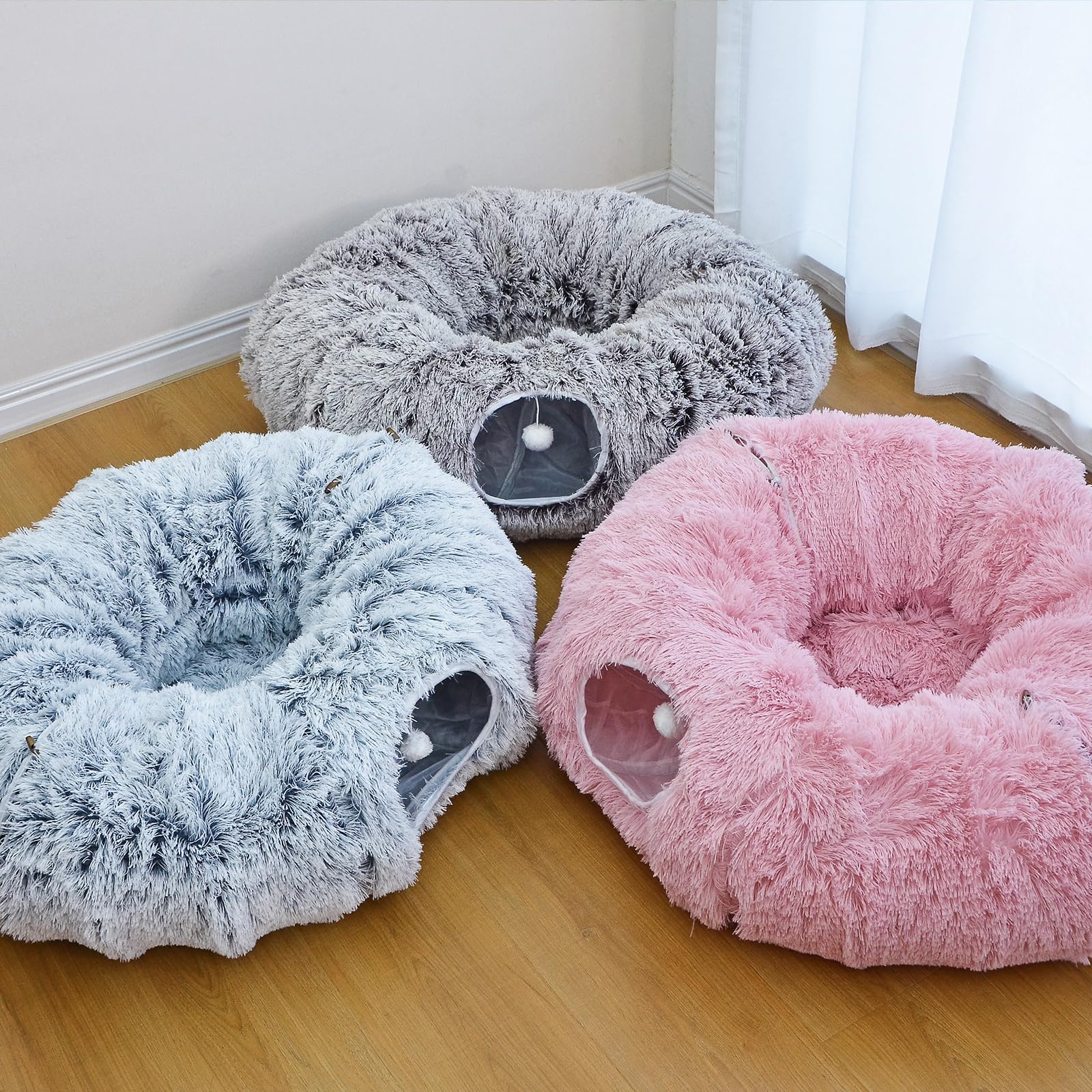 Cama Tipo túnel de Felpa para Gatos de Interior con cojín Suave, Cueva de Juego multiforma con Bolas Colgantes, túnel Grande y Plegable para Mascotas pequeñas y Grandes (marrón)