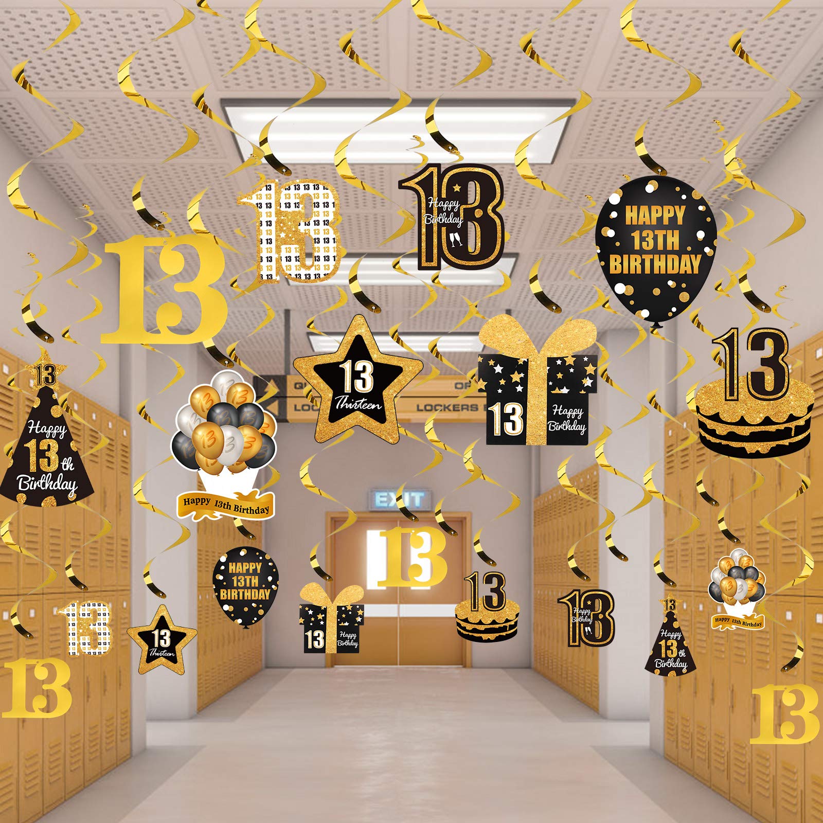 Kauayurk 30Pcs Happy 13th Birthday Hanging Swirl Decorations for Women & Men - Gold Happy 13 Birthday Party Swirl Ceiling Supplies - Happy Thirteen Birthday Hanging Favors Decor Sign
