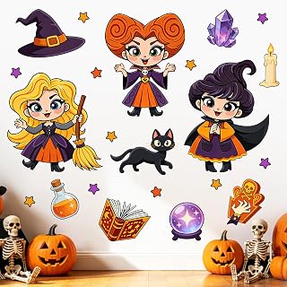 Halloween Wall Decals for Kids, Cartoon Witch Wall Stickers with Black Cat