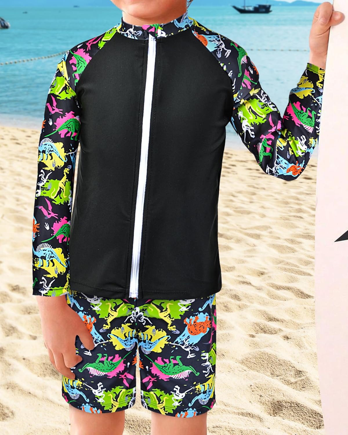 Boys Two Piece Rash Guard Swimsuits Long Sleeve Zipper Swim Shirt and Trunks Bathing Suit Swimwear Set - Image 2