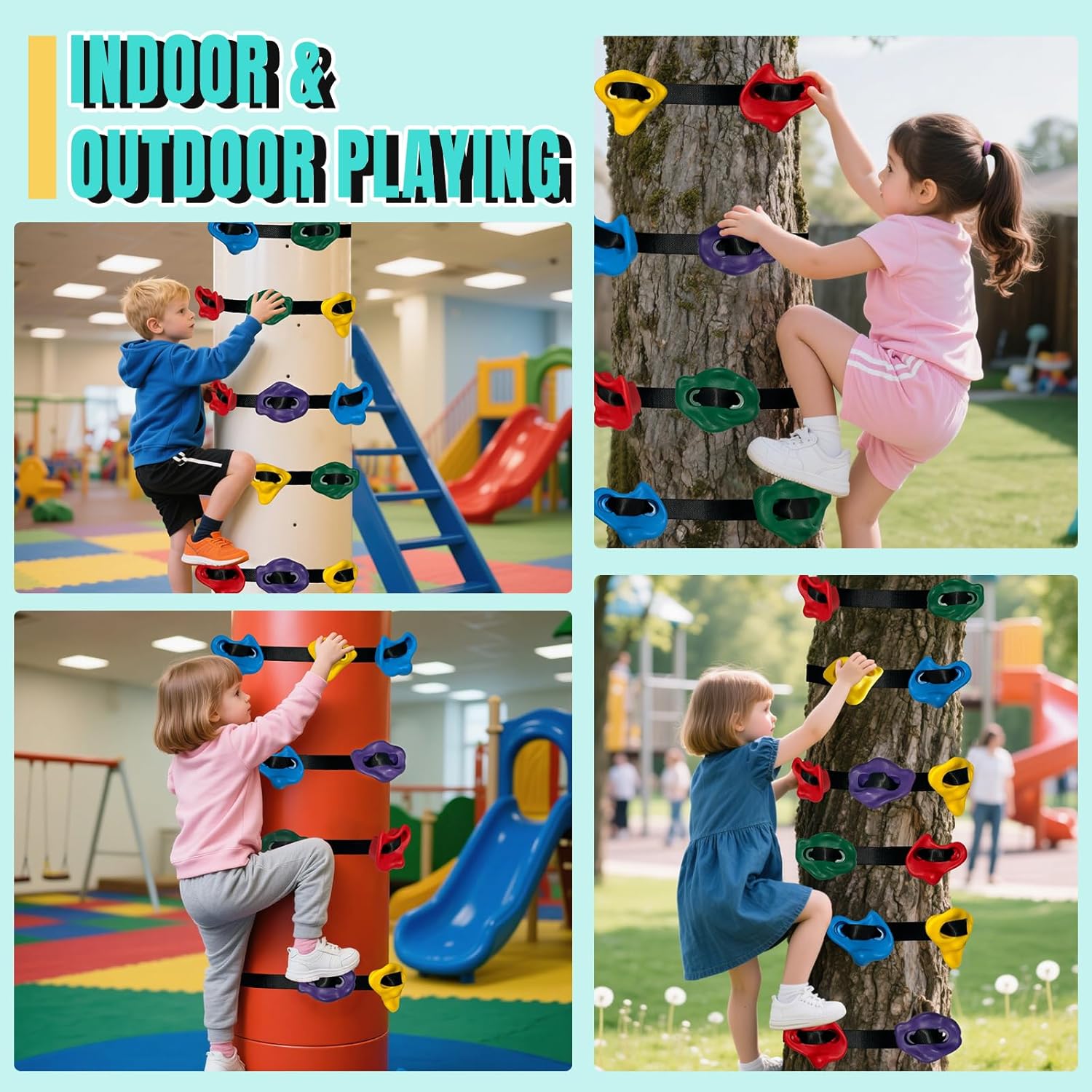 12 PCS Large Tree Climbing Holds for Kids, Adult Rock Wall Holds Grips Ninja Tree Climbing Holds for Indoor and Outdoor Playground Play Set with 6 Ratchet Straps