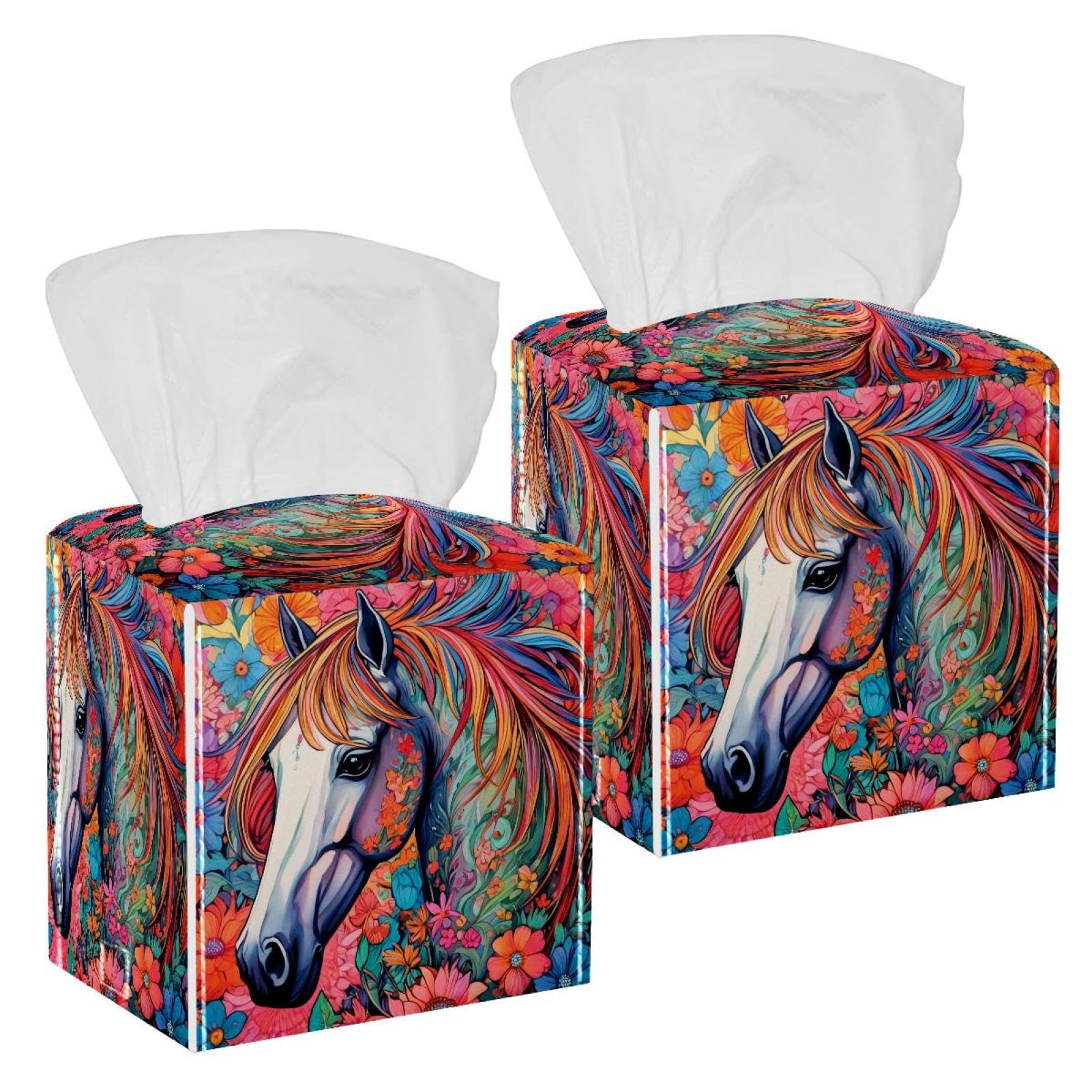 Color Drawing Horse Tissue Box Cover, 2 Pack PU Leather Square Facial Tissue Dispenser Box holder for Home Office Car
