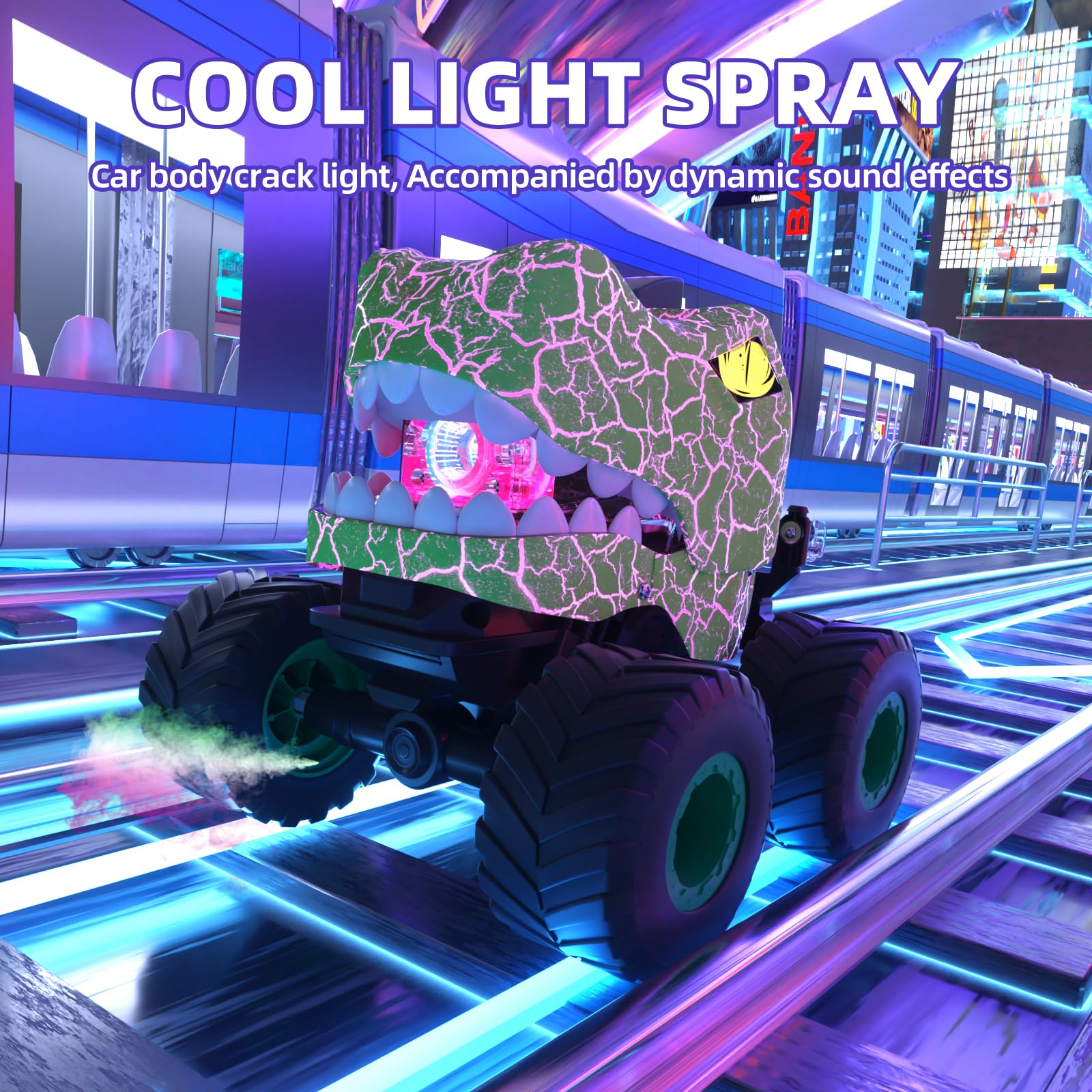 LEFEI Dinosaur Remote Control Car,RC Monster Trucks for Boys 3-12 Year Old,360° Rotating RC Stunt Car Truck Toys with Spray,Light & Sound,All Terrain RC Cars Birthday Party Gift for Kids (Green)