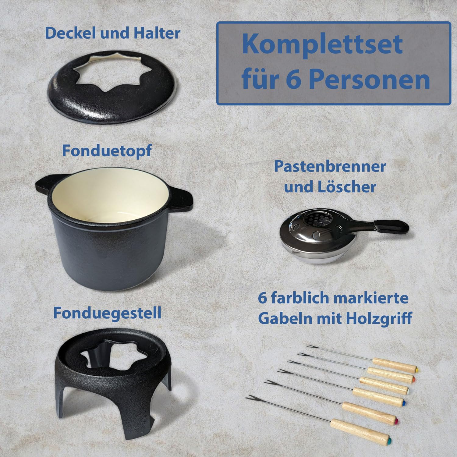 osoltus Fondue | Käsefondue | Fleischfondue Set Gusseisen 6 Personen Emaille schwarz