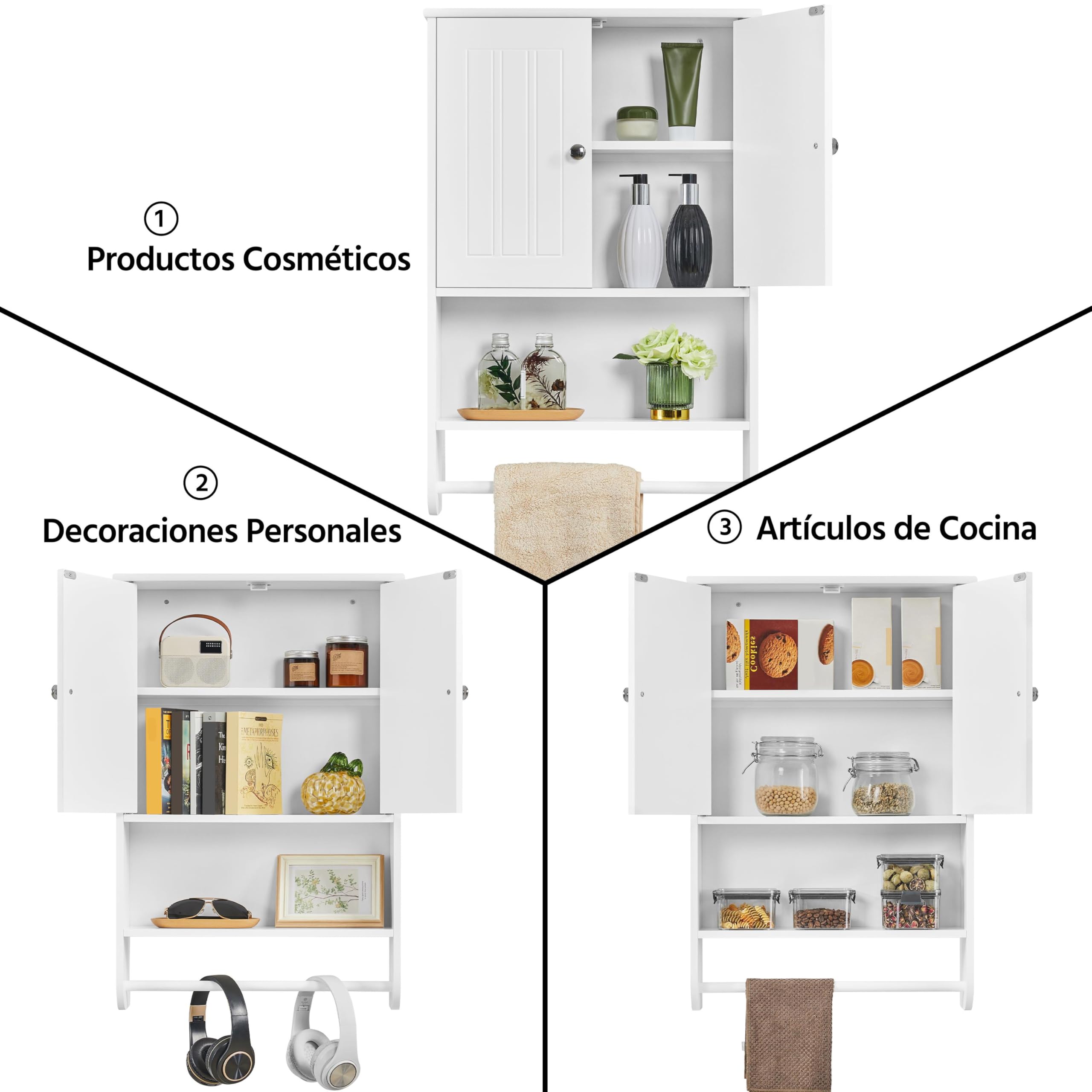 Yaheetech Armario Baño Pared Mueble Baño Colgar con Toallero Armario Colgante de Cocina con 2 Puertas 48,5x14x73cm Blanco Brillo
