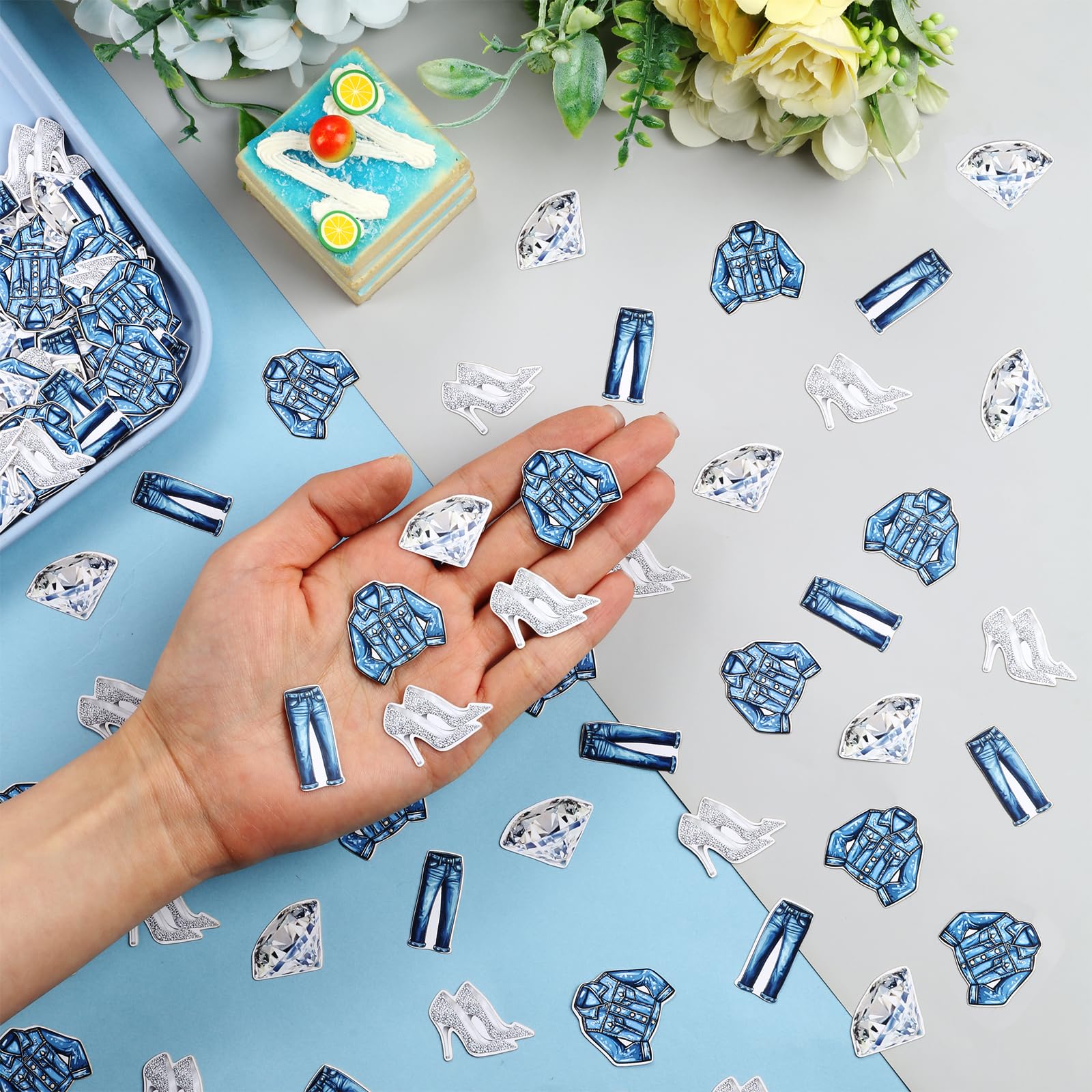 Denim und Diamanten Partydekorationen, 200 Stück Denim und Diamanten Tischkonfetti für doppelseitige Tisch-Party-Dekorationen, Brautschmuck, Geburtstag, Hochzeit, Verlobung