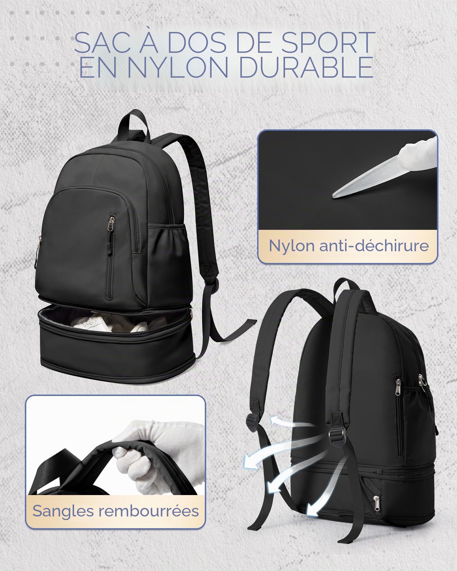 Sac a dos Sport Pour Femme Sac à dos Imperméable Avec Compartiment à Chaussures Sacs à dos Loisir Le Sport pour Le Aptitude Voyage Nager Randonnée Multifonction Homme,Noir