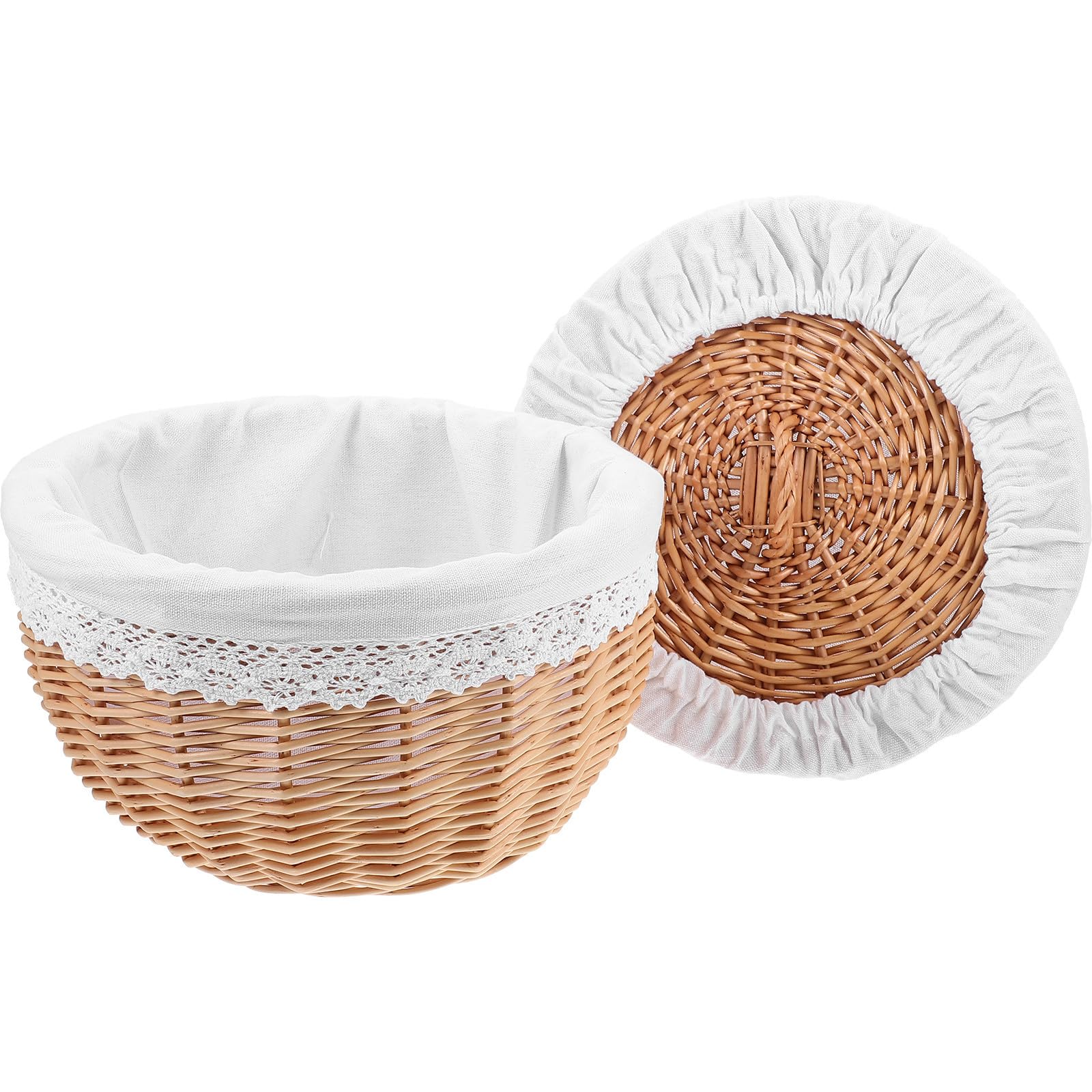 WOONEKY Cestino Intrecciato in Vimini Bianco Coperchio, Contenitore per Lievitazione Pane e Conservazione Snack, per Cucina e Arredamento Casa