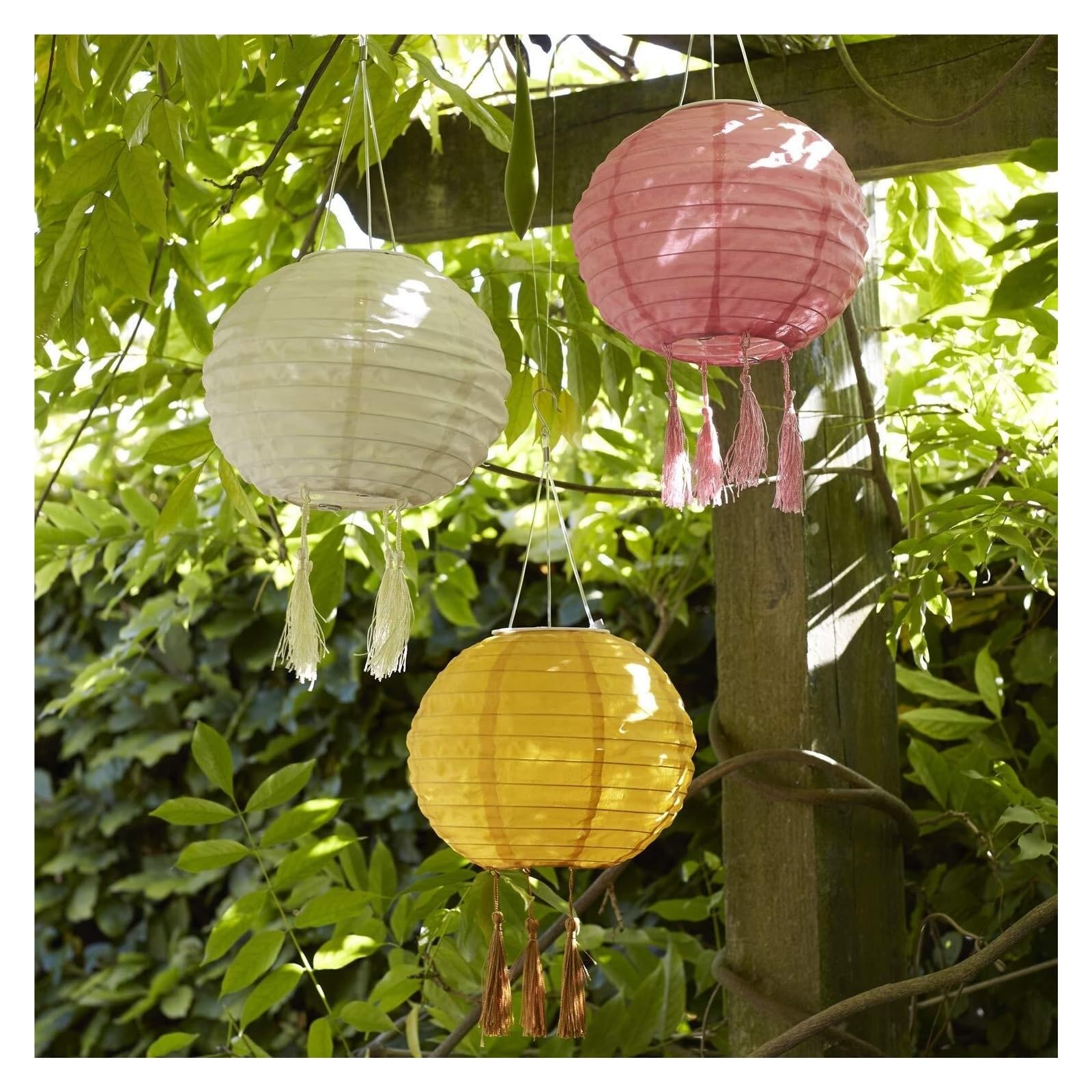 Lampions Außen Set Mit 3 Solarbetriebenen Chinesischen LED-Gartenlaternen Quasten Hängende Dekoration(30cm)