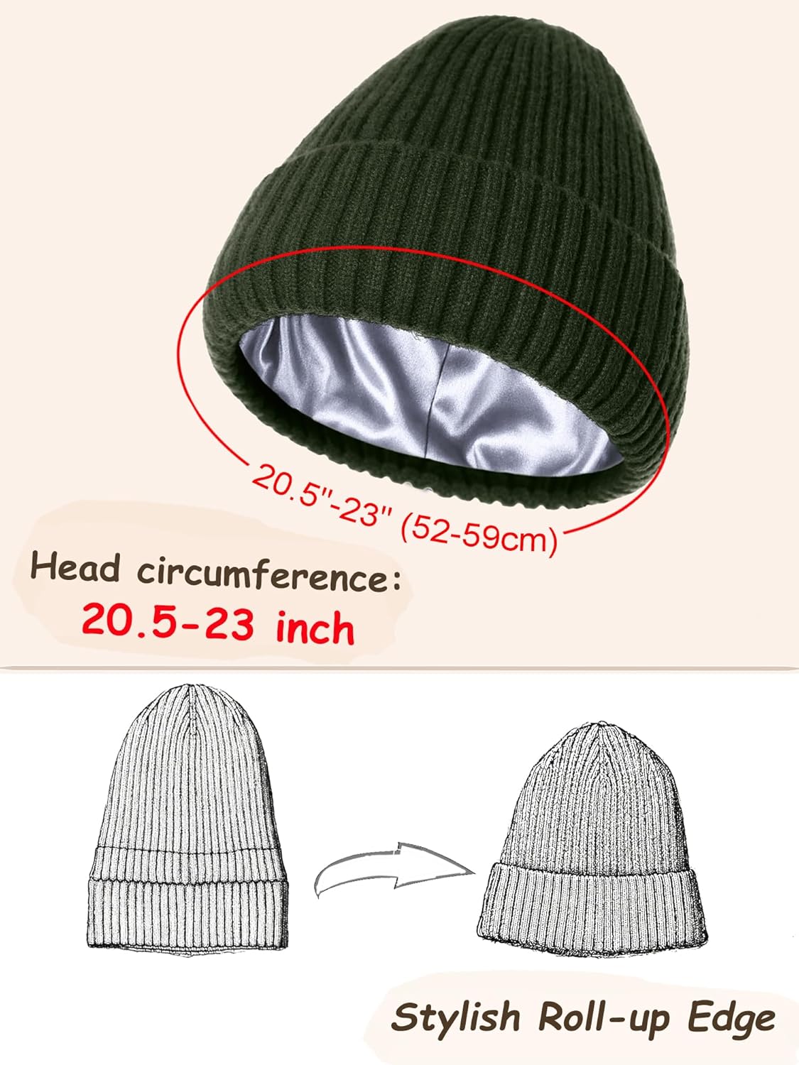 Satin Lined Beanie for Women Men, Silk Lined Beanies, Wool Warm Knit Cuffed Winter Hat Womens Skull Cap - Image 5