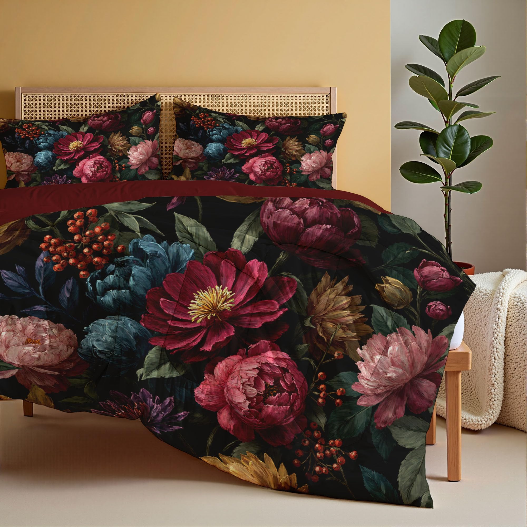 Bettdecke Retro-Ölgemälde Blumen 4-Jahreszeiten Steppdecke in 240x220 cm mit Pfingstrosen Beeren Zweige Blätter, Warme und Weiche Schlafdecke ohne Bezug mit Kissenbezügen, Ziegelrot