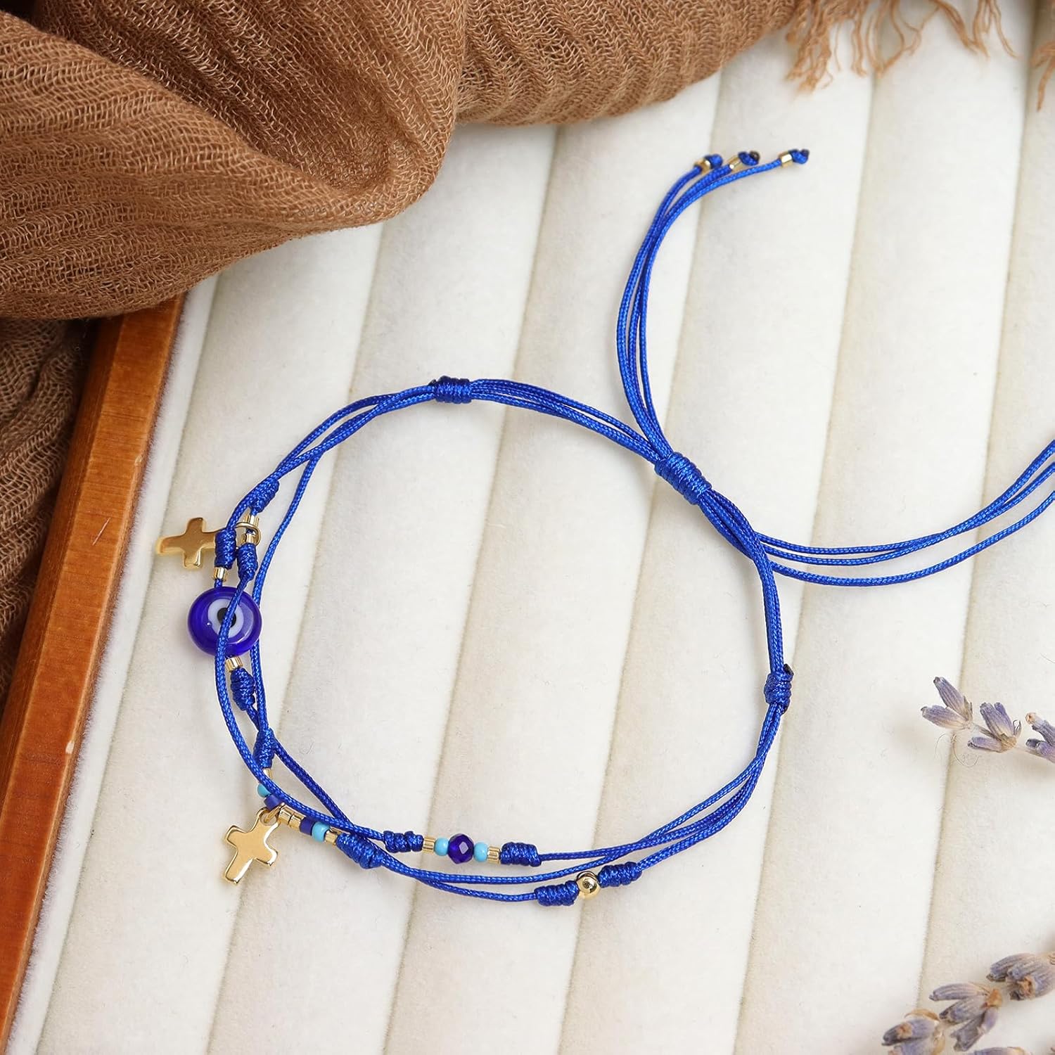Evil Eye Gold Cross Charm Bracelets Stack Set for Women, Dainty Boho Handmade Adjustable Pearl Beads Layered Blue Red String Strand Bracelet Outfit Accessories Jewelry Gift. - Image 4