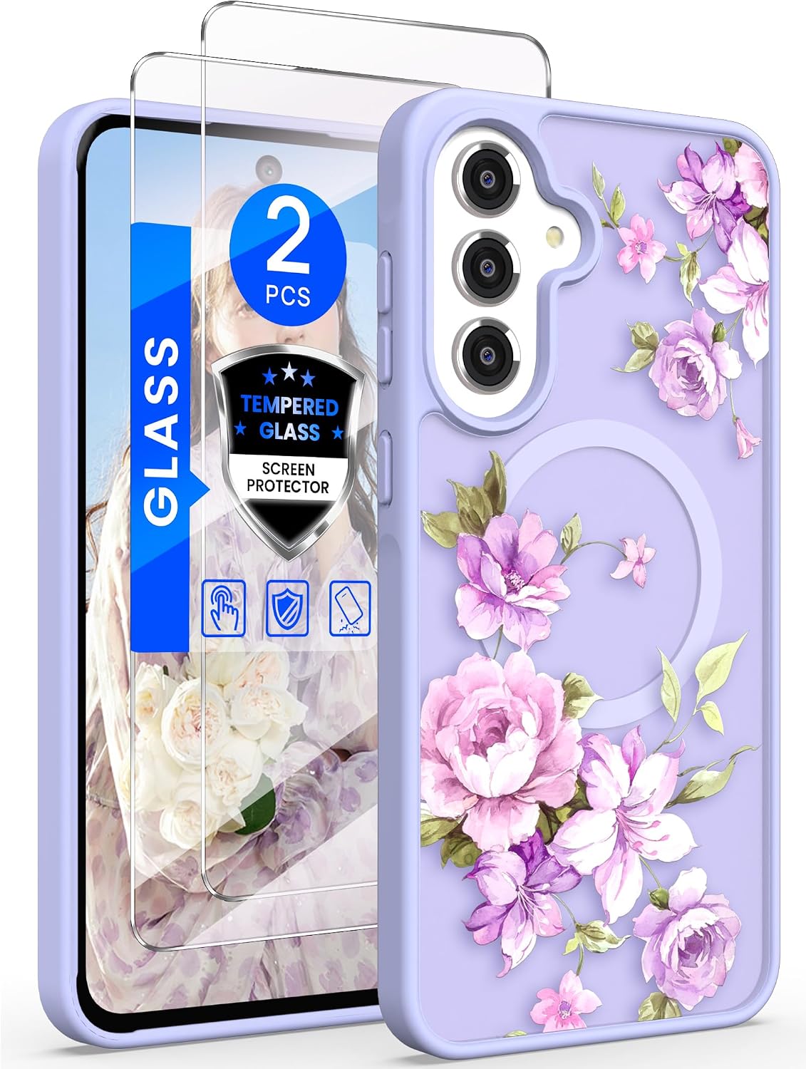for Samsung Galaxy S25 FE Floral Phone Case with 2X Screen Protector, Military Grade Magnetic Translucent Matte Girls Women Flower Pattern Protective Cover for Galaxy S25 FE （Purple
