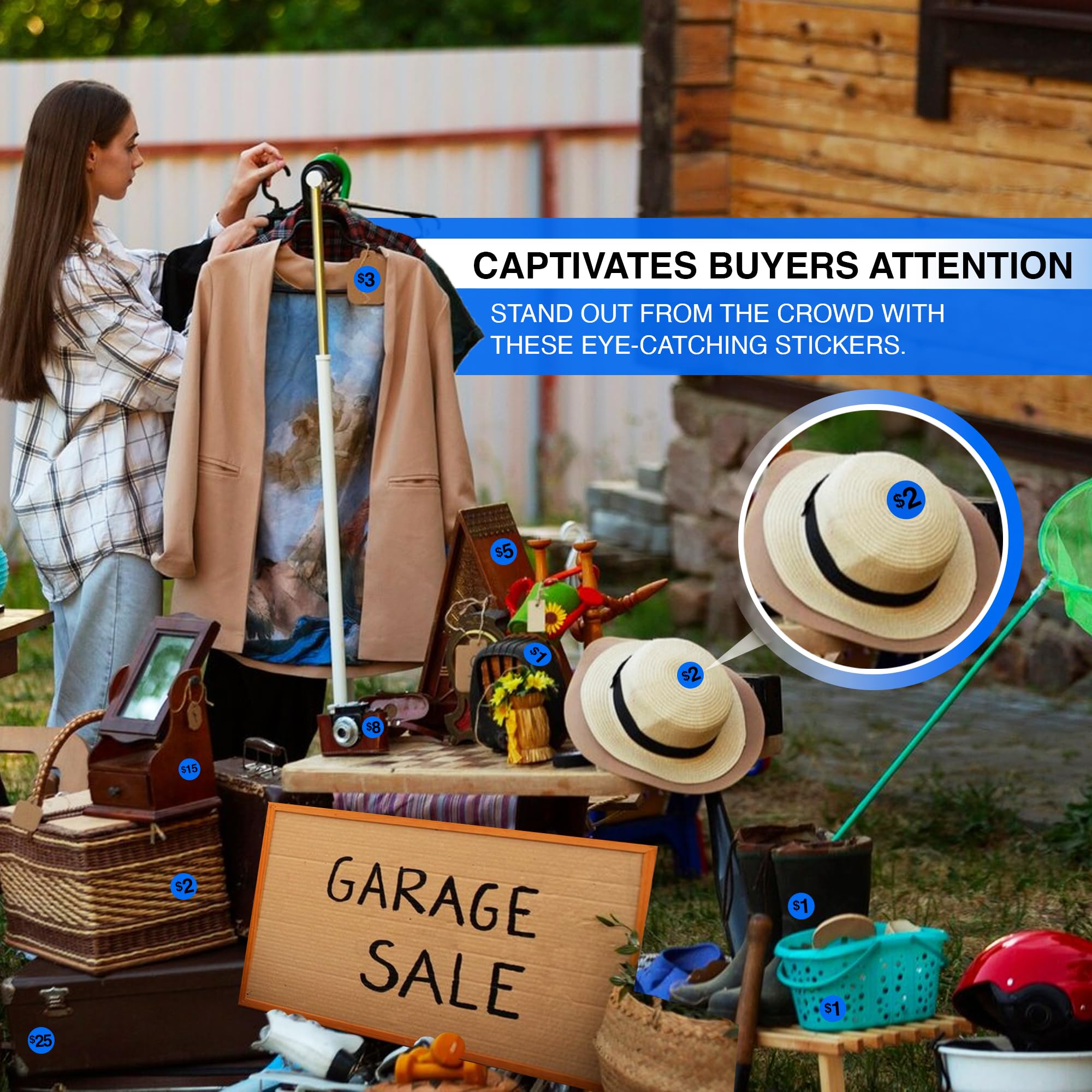 Calcomanías de precios de venta de garaje, 28 hojas, 1,100 calcomanías azules preprecio y en blanco, etiquetas de precio fáciles de leer para precios efectivos, ideal para ventas de patio, mercados de