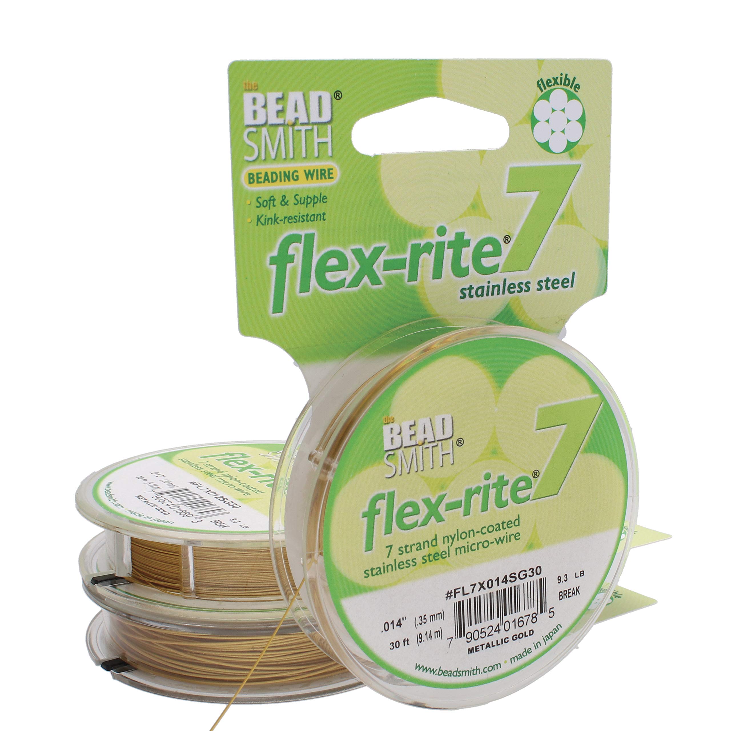 BeadSmith Flex Rite Metallic Gold Flex Rite Beading Stringing Wire .014 Inch 30 Feet Nylon Coated Stainless Steel 7 Strand Tigertail 8lb Break