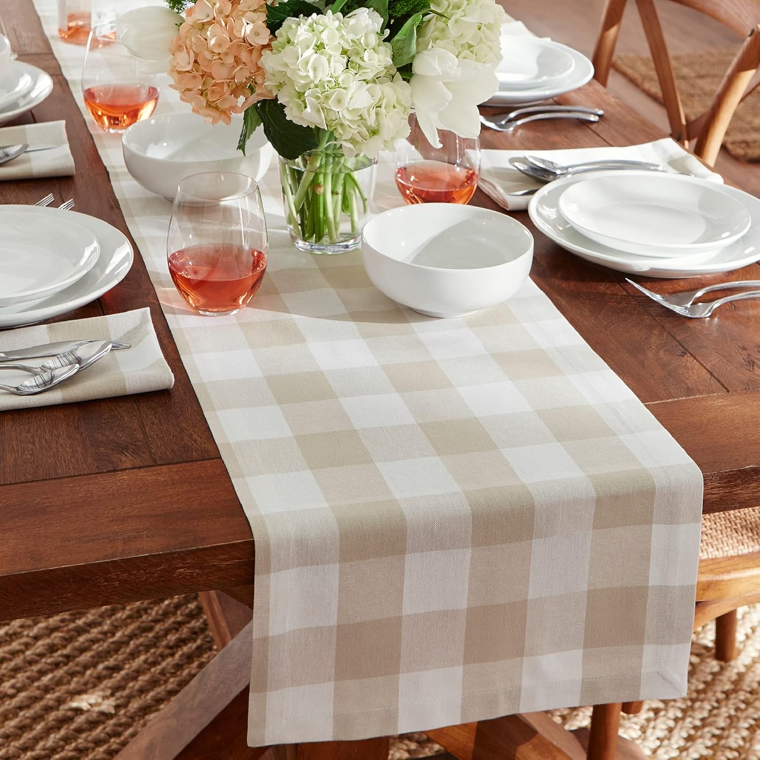 Elrene Home Fashions Farmhouse Living Buffalo-Check Table Runner, Rustic Kitchen and Table Linens, 13" x 70", Tan/White : Home & Kitchen
