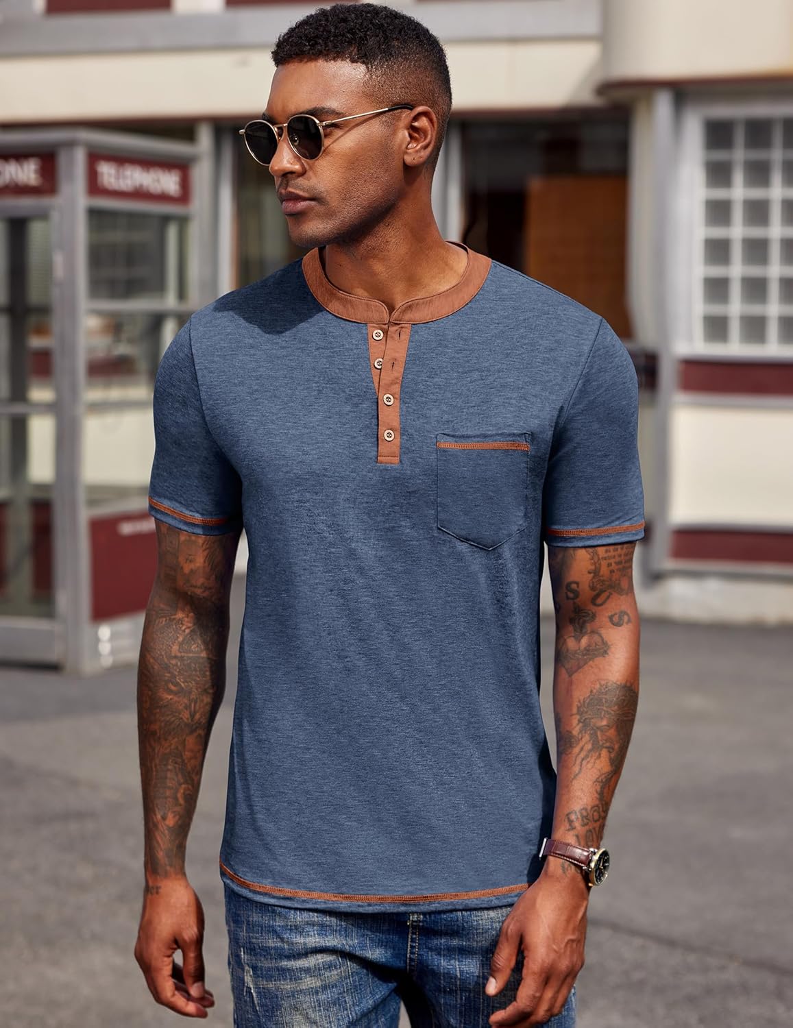 COOFANDY Mens Henley Shirts Short Sleeve Casual Button T-Shirts Basic Tee Shirts Summer Vintage T Shirts with Pocket - Image 2
