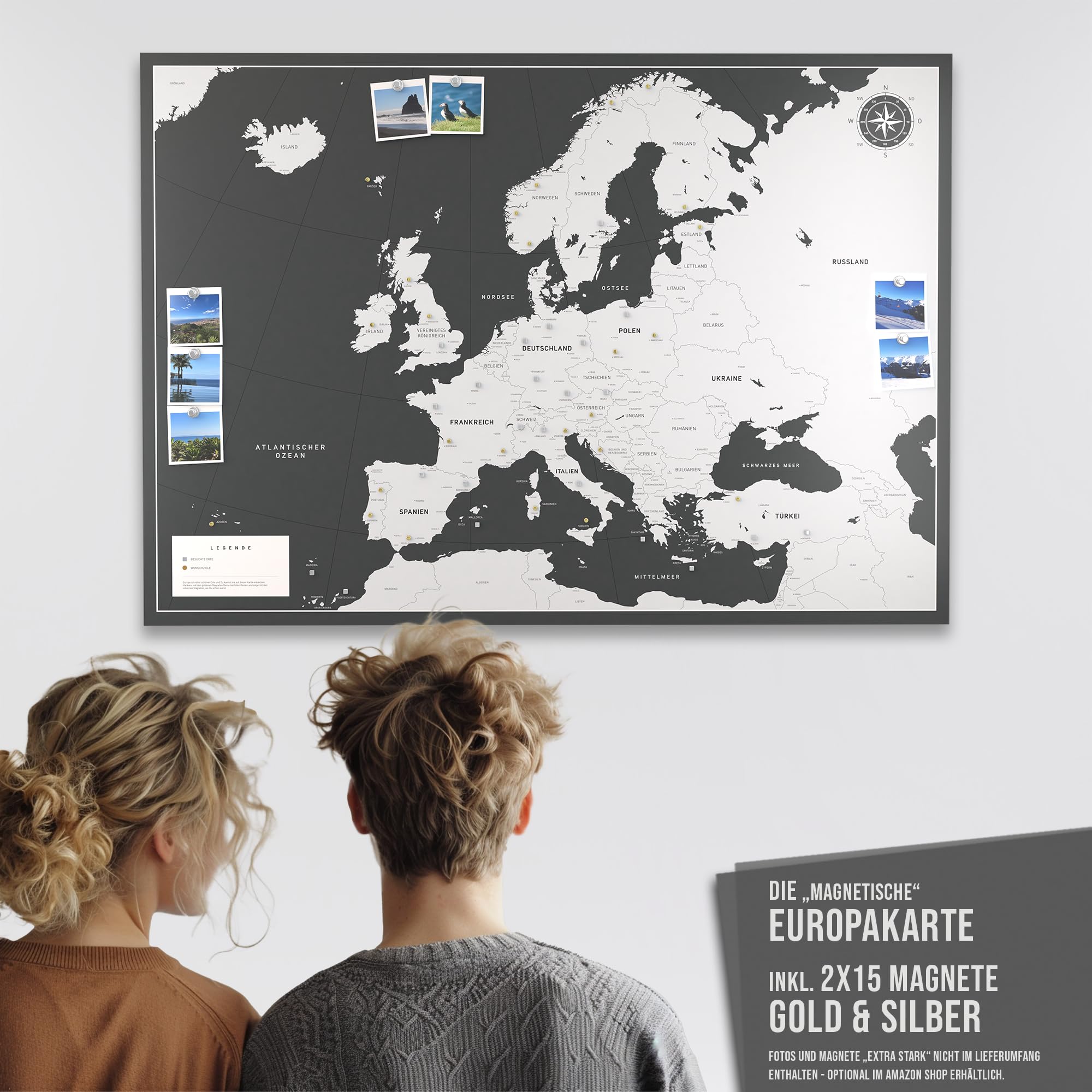 Magnetische Pinnwand Europakarte inkl. 2 x 15 magnetische Pins I Markiere Deine Reiseziele I Sammel Fotos und Magnete I Magnet Poster (XL (84x59cm))
