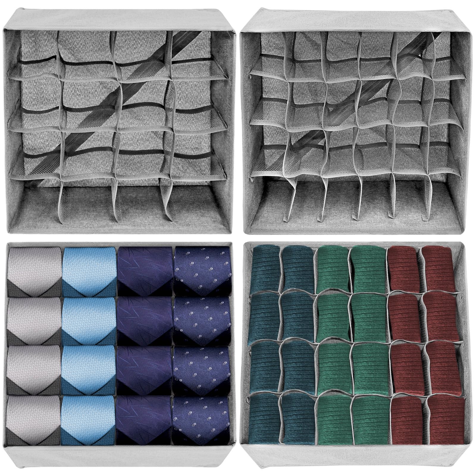 PINGMIC Organizer per Cassetti e Calzini, Confezione da 2 Con Coperchio, 30 Scomparti, Pieghevole, per Armadio, Biancheria Intima, Reggiseni, Fazzoletti
