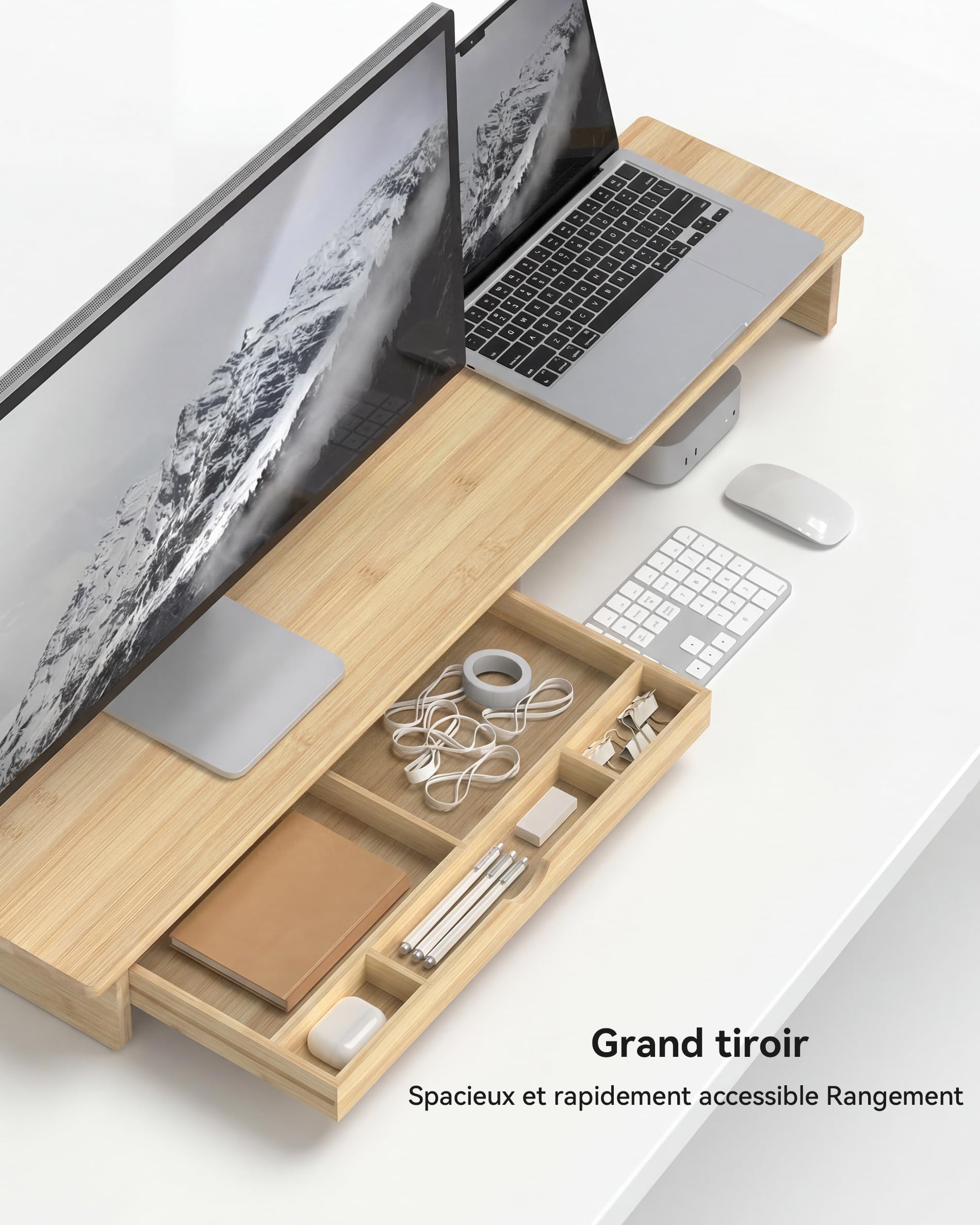 WELL WENG Support pour écran en bambou avec grand tiroir de rangement, rehausseur d'ordinateur de 107 cm pour bureau, tablette d'écran à 7 compartiments pour ranger le clavier, Bambou | 107 x 23,5 x 11 cm avec espace de rangement pour le clavier, support