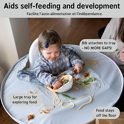 Vista 11 de Tidy Tot- Baby Bib & Tray Kit - Mess Proof Long Sleeve Smock Attaches to Feeding Mat, Waterproof Bib - Fits Babies 6-24 Month Kit verde salvia
