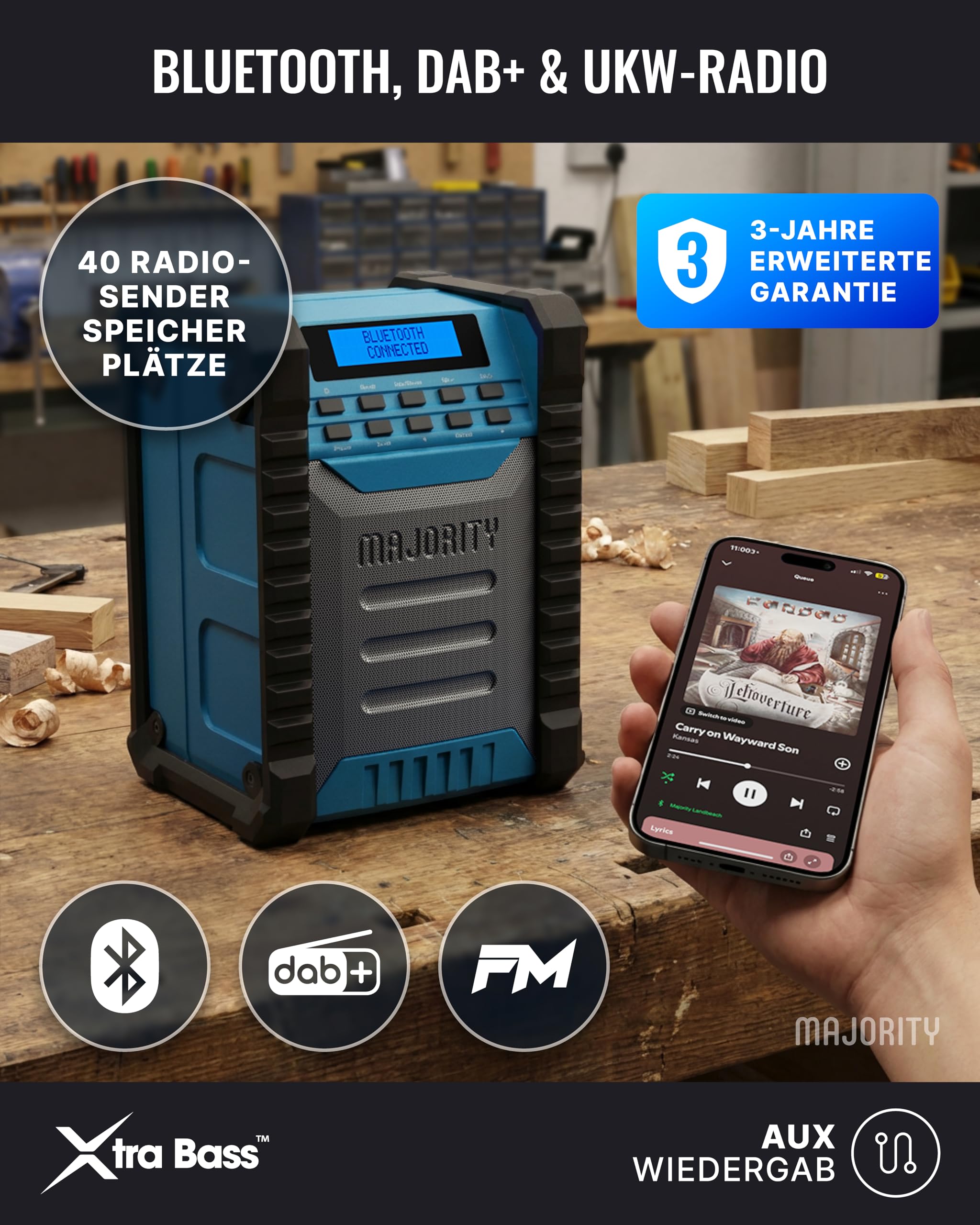 MAJORITY Landbeach Baustellenradio | DAB Radio mit Bluetooth für Baustelle | 10.000mAh Akku & USB-Powerbank | 28 Stunden Akkulaufzeit | IP54 Staub- und Wasserdicht DAB Plus & UKW Radio mit Stromkabel