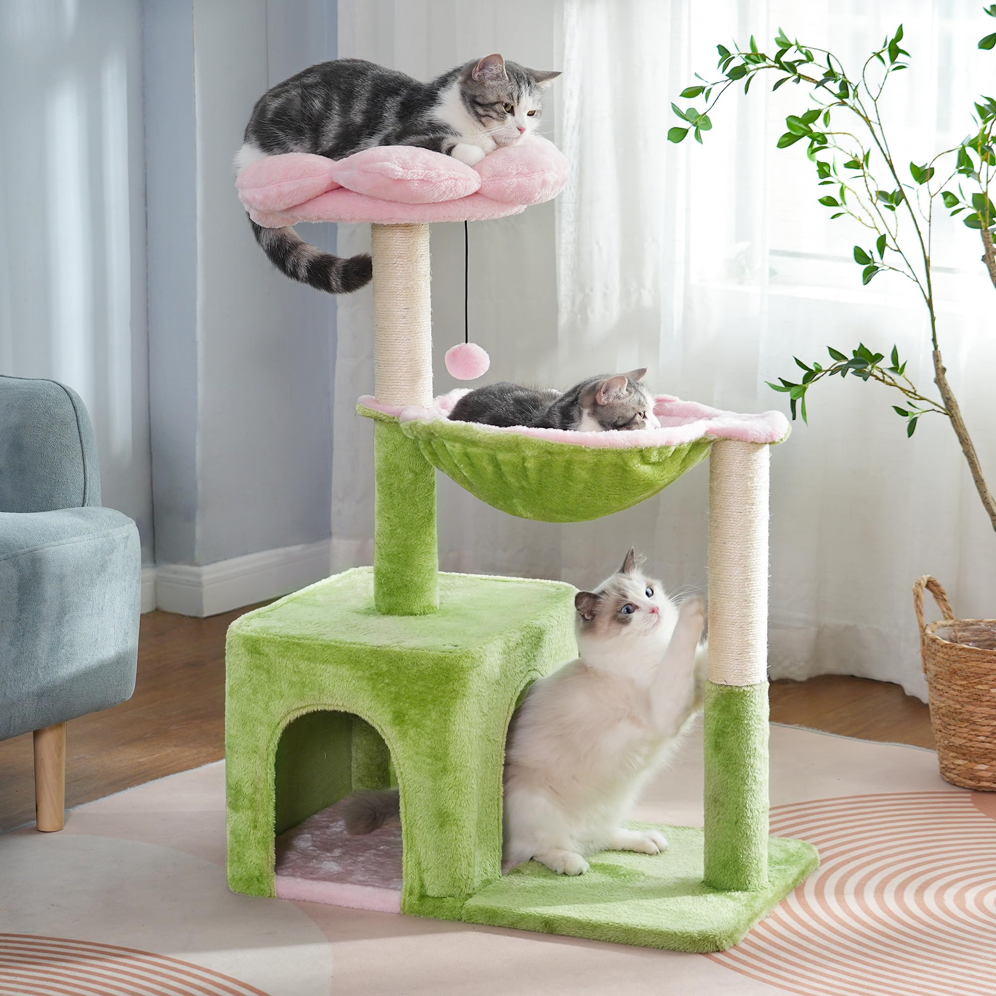 Pawfessor Flower Cat Tree 34 Scratching Post Small Cat Tower for Large Cats, with 15.7”Large Hammock, Removable Top Bed and Wide Condo for Indoor