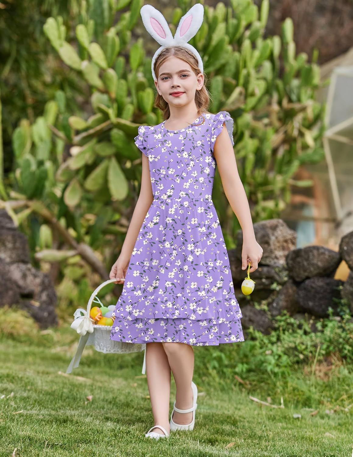Arshiner Girls Dress Tween Boho Flutter Sleeve Tiered A Line Summer Dresses with Pockets