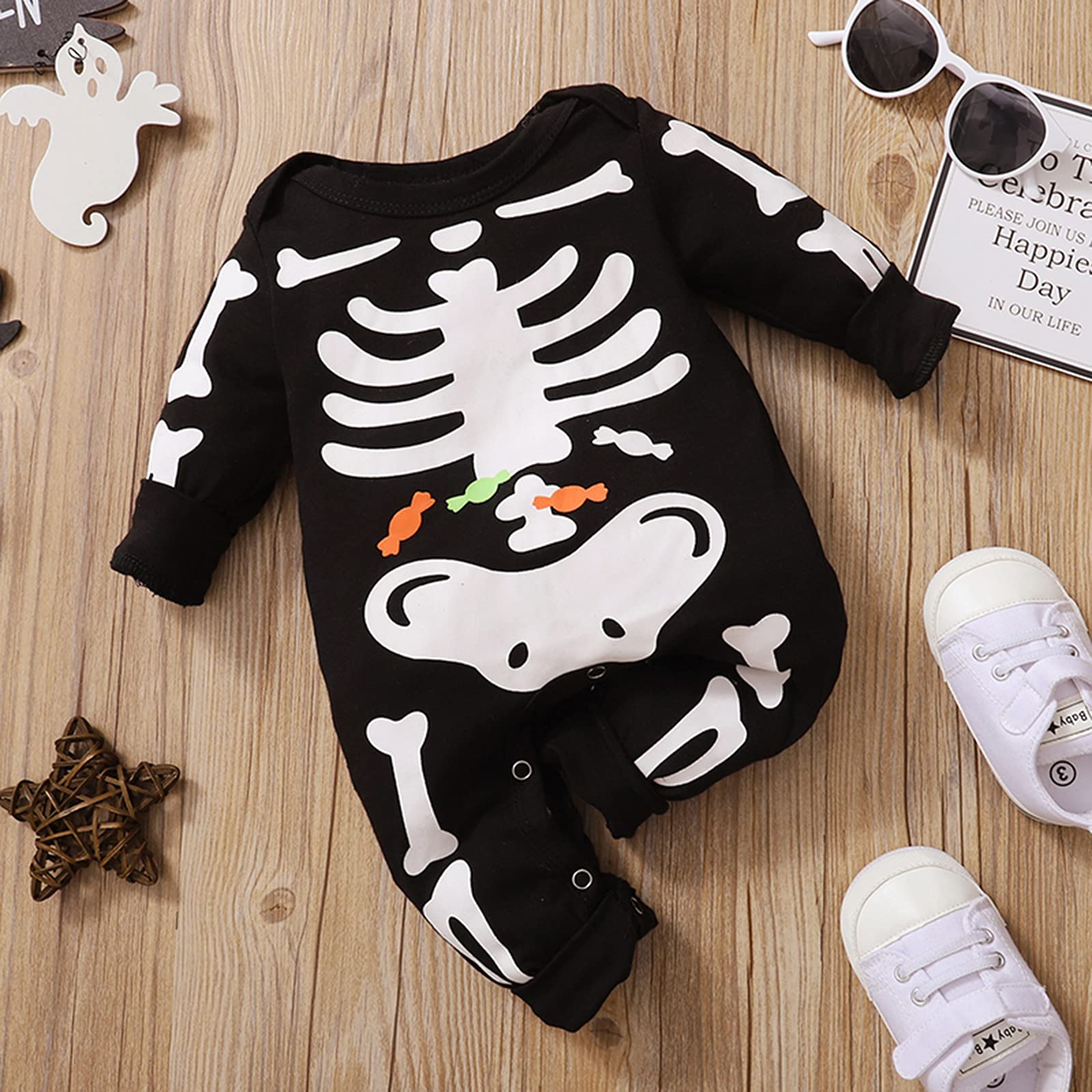 WASAIGOOD Newborn Halloween Romper Baby Girl Boy Skeleton Jumpsuit Long Sleeve O-neck Halloween One-Piece Outfit (black,18-24 months)