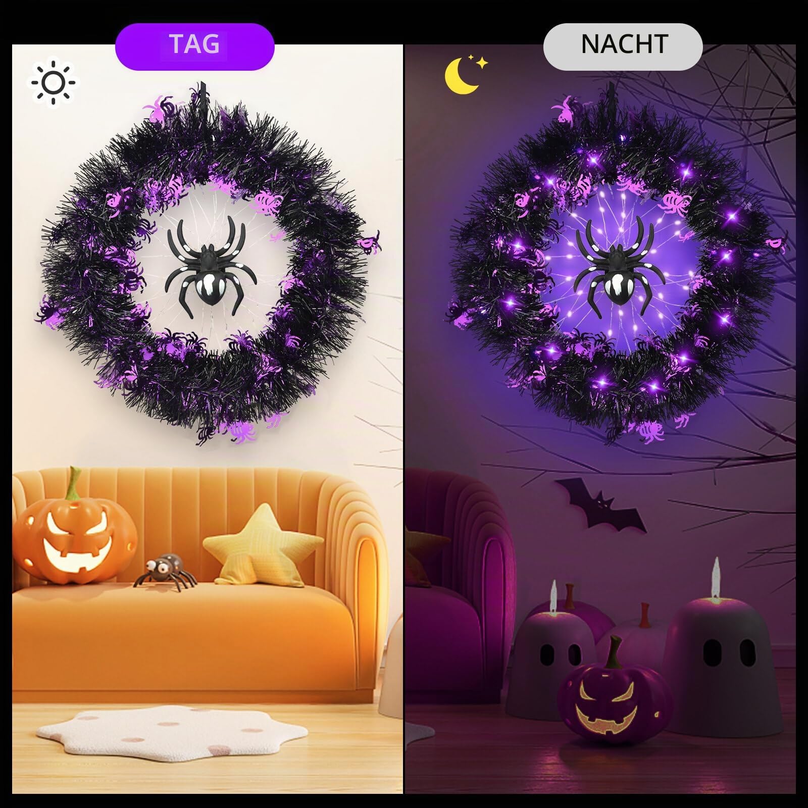 Halloween Türkranz mit Lichtern, künstliche Spinne Girlande Halloween Deko mit violetten Lichtern Halloween Dekorationen für Außen Innen Wand Atmosphere Decoration LED